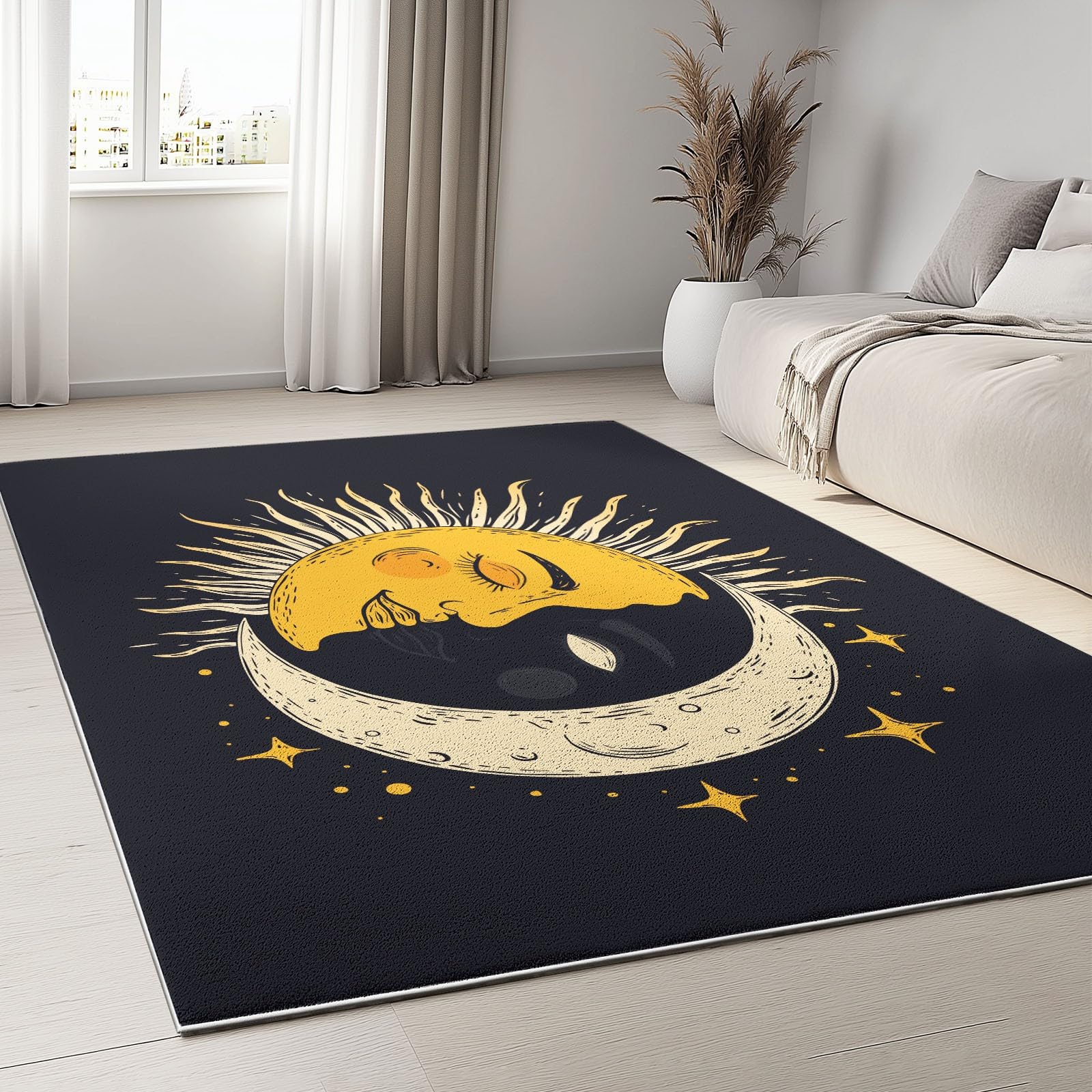 Noir Imprimé Tapis de Salon Lavable 160x230 cm Soleil Lune, Tapis Antidérapant à Poils Courts Doux pour Chambre Cuisine Entrée D'intérieur Décoration
