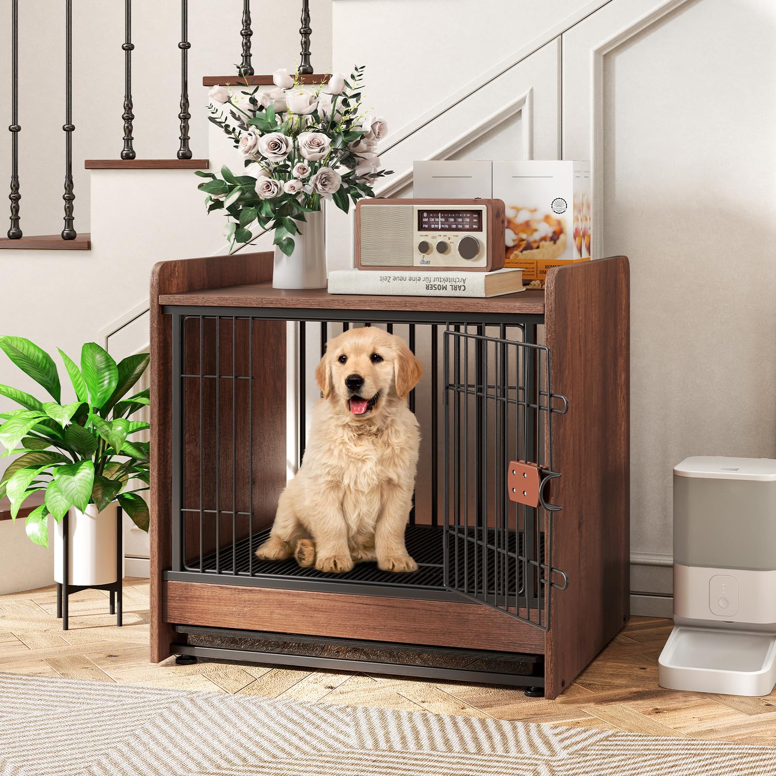 GOPLUS Mueble Jaula para Perros, Jaula para Perros de Interior con Cerradura y Bandeja Extraíble, Mesa Auxiliar Resistente para Perros, Caja para Cachorros y Perros de Tamaño Pequeño y Mediano