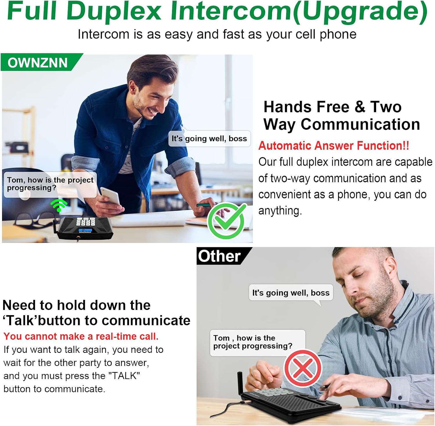 Intercoms Wireless for Home Upgrade, OWNZNN Intercom System Hands-Free Two Way Communication Home Intercom System for Business, Full Duplex Intercom 4921 Feet Range with Group Call(2 Packs, Black)
