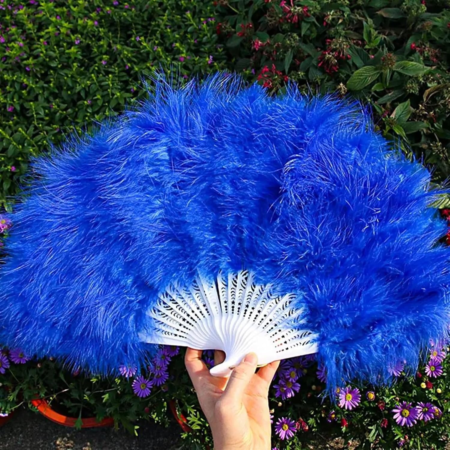 女の子用扇子 魅力的なレトロ折りたたみフェイクフェザーファン 明るい色 ダンスハンドファン フェザー折りたたみハンドファン(Blue