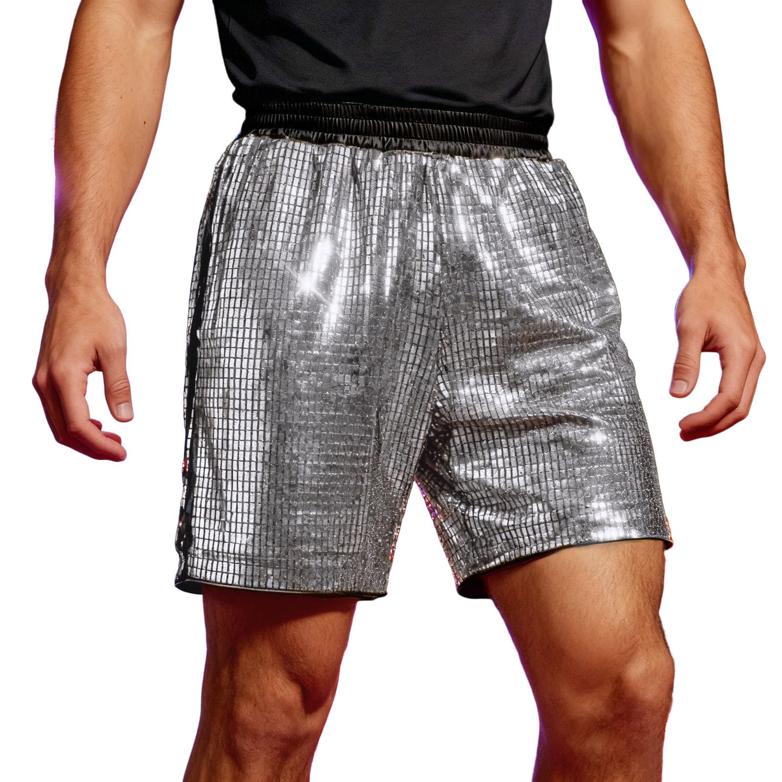 Générique Men's Shiny Glitter Metallic Sequins Retro Disco Style Hippie Style Swimming Shorts Suit for Carnival Parties, Silver, S