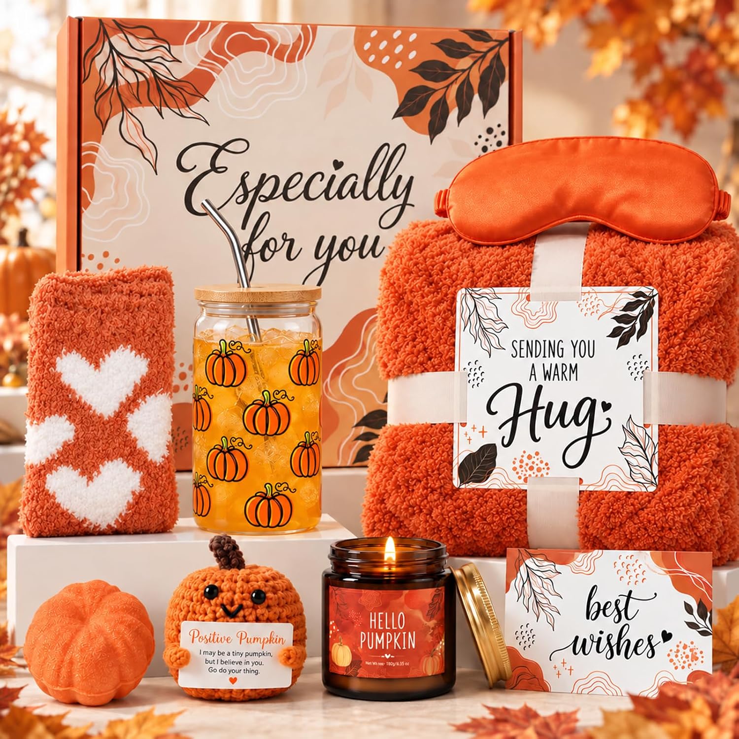 Fall Gifts for Women, Pumpkin Self Care Gift Basket with Blanket & Cup