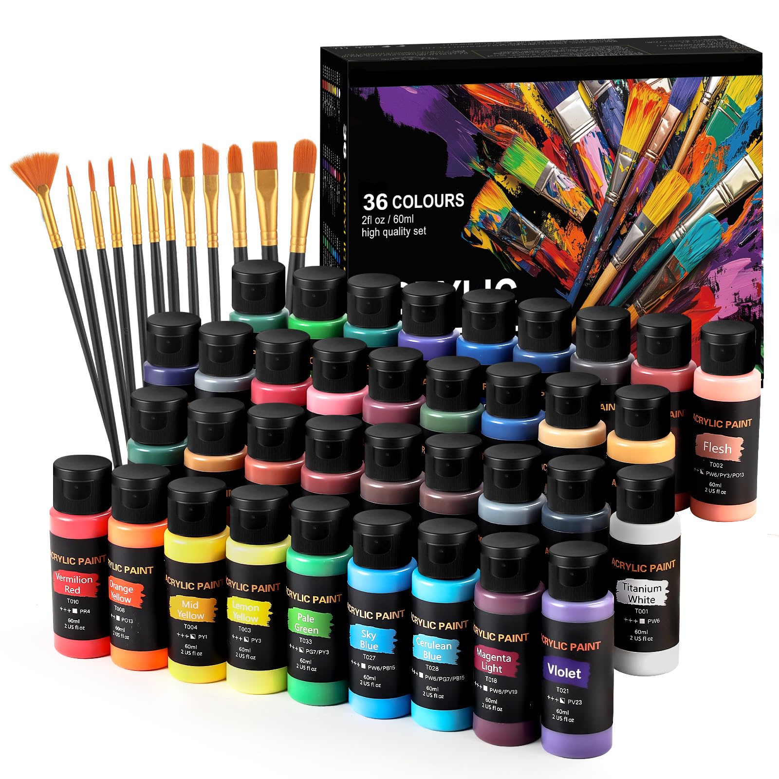 Acrylic Paint Set 24 Colors(2oz /60ml) with 12 Brushes,Rich Pigmented, Premium Acrylic Paints for Canvas Wood Glass Rock Leather Painting, Art Craft Paint Supplies: 36 color
