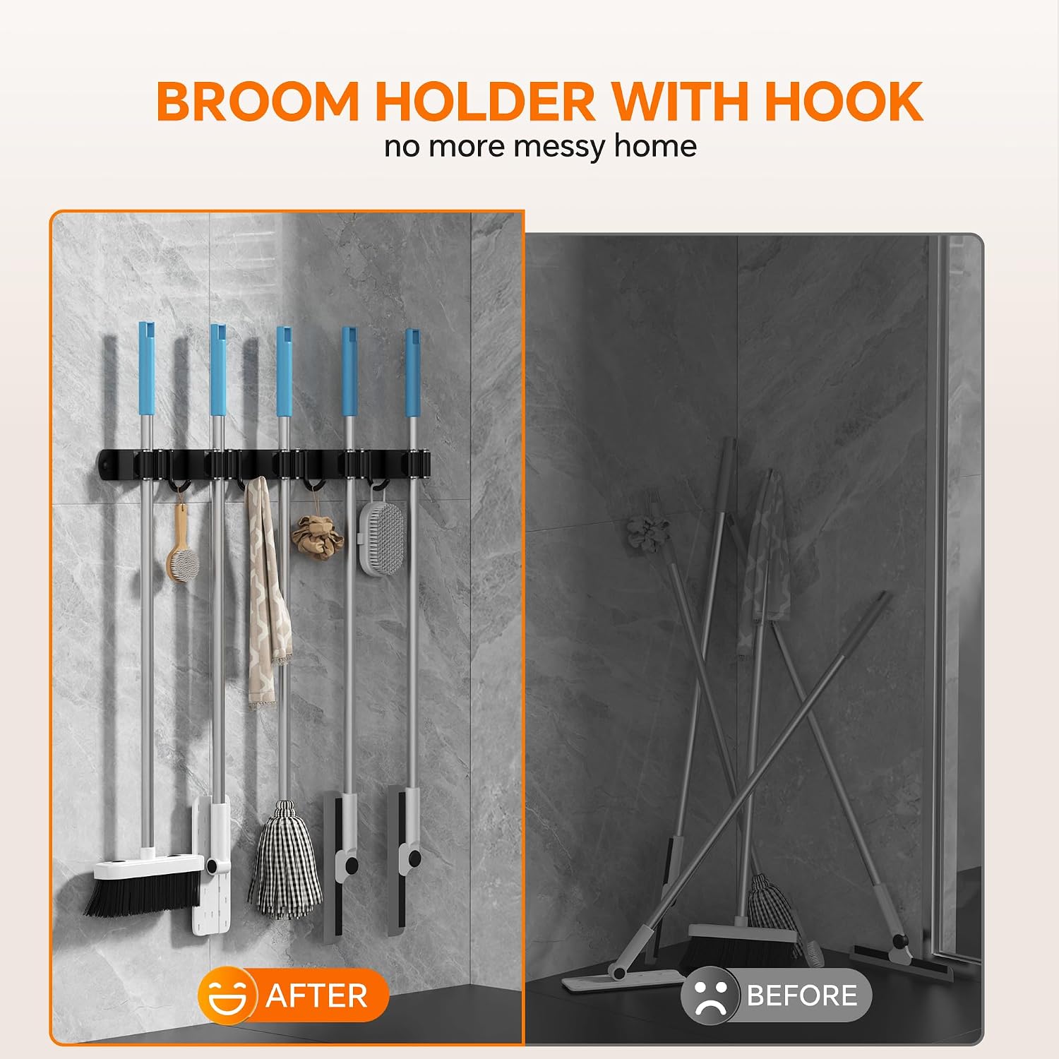 5 Grippers Broom Holder Wall Mount with 4 Hooks Stainless Steel, Black image 2