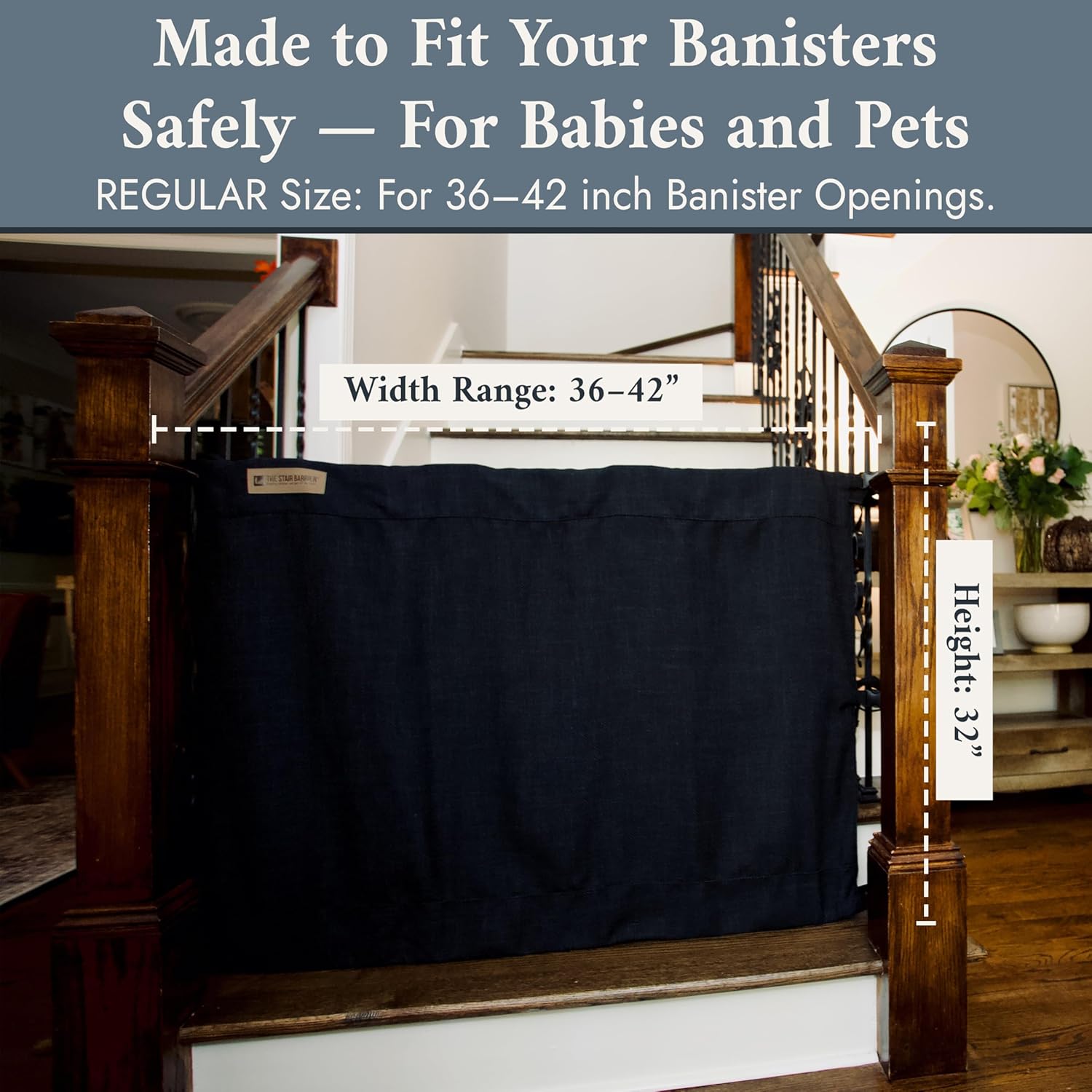 The Stair Barrier First Fabric Banister to Banister Baby Gates for Stairs 36”–42” Wide x 32” Tall– No Drill Baby Gate for Top or Bottom Staircase, Machine-Washable Climb Proof, Designed in USA, Beige