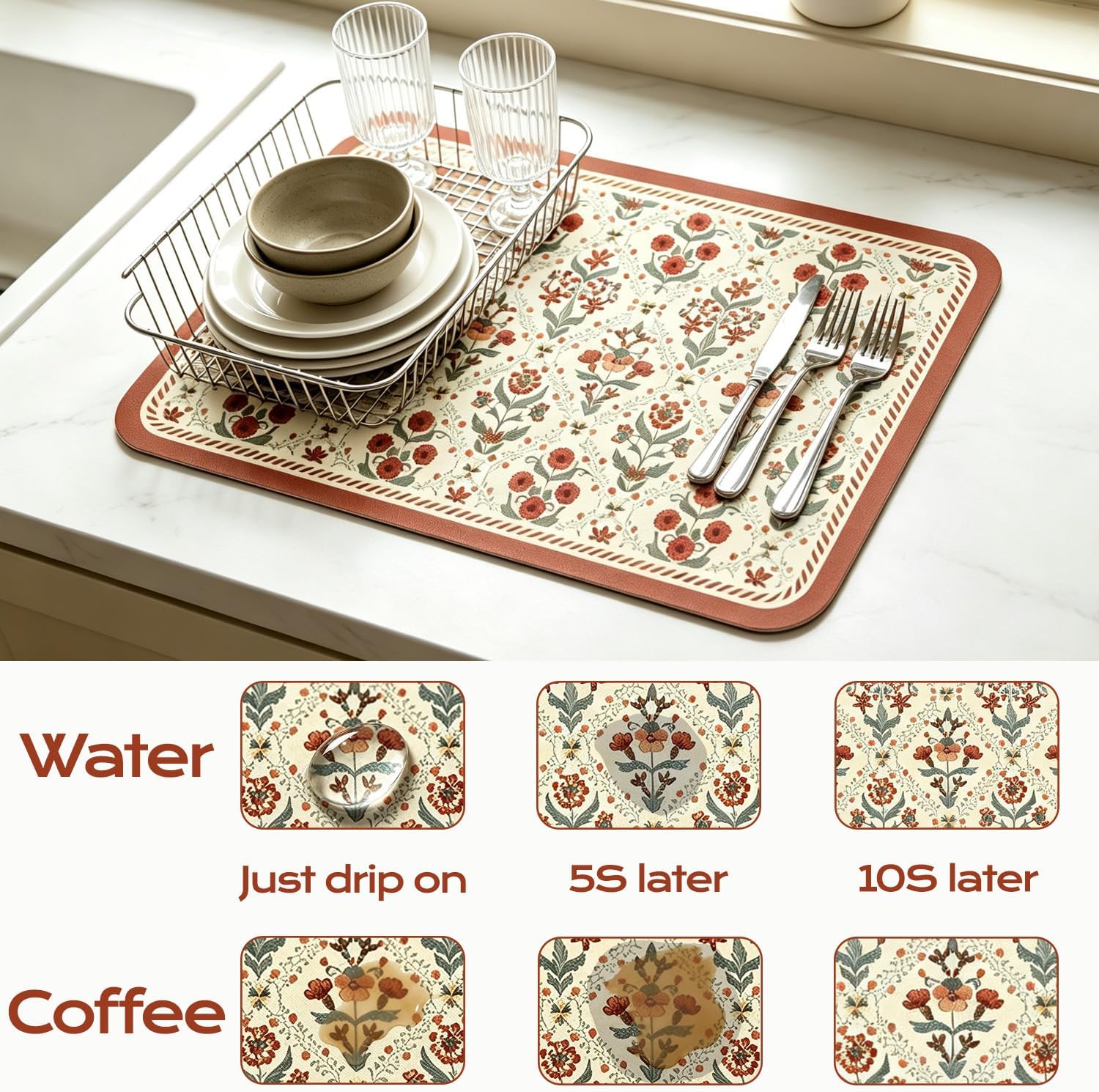 Coffee Mat 12" x 16", Vintage Floral Dish Drying Mat, Easy to Clean, Red