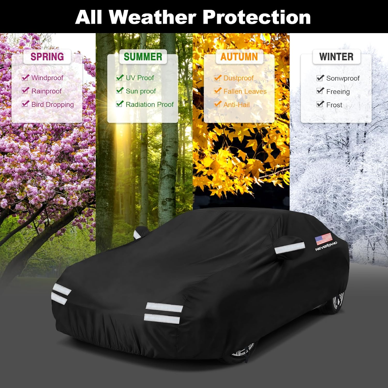 Sedan Car Cover, Full Car Cover Waterproof All Weather Dustproof, Snowproof, UV Protection Outdoor Car Covers for Automobiles Universal Fit for Sedan Car Cover Size 183''L x 70''W x 59''H
