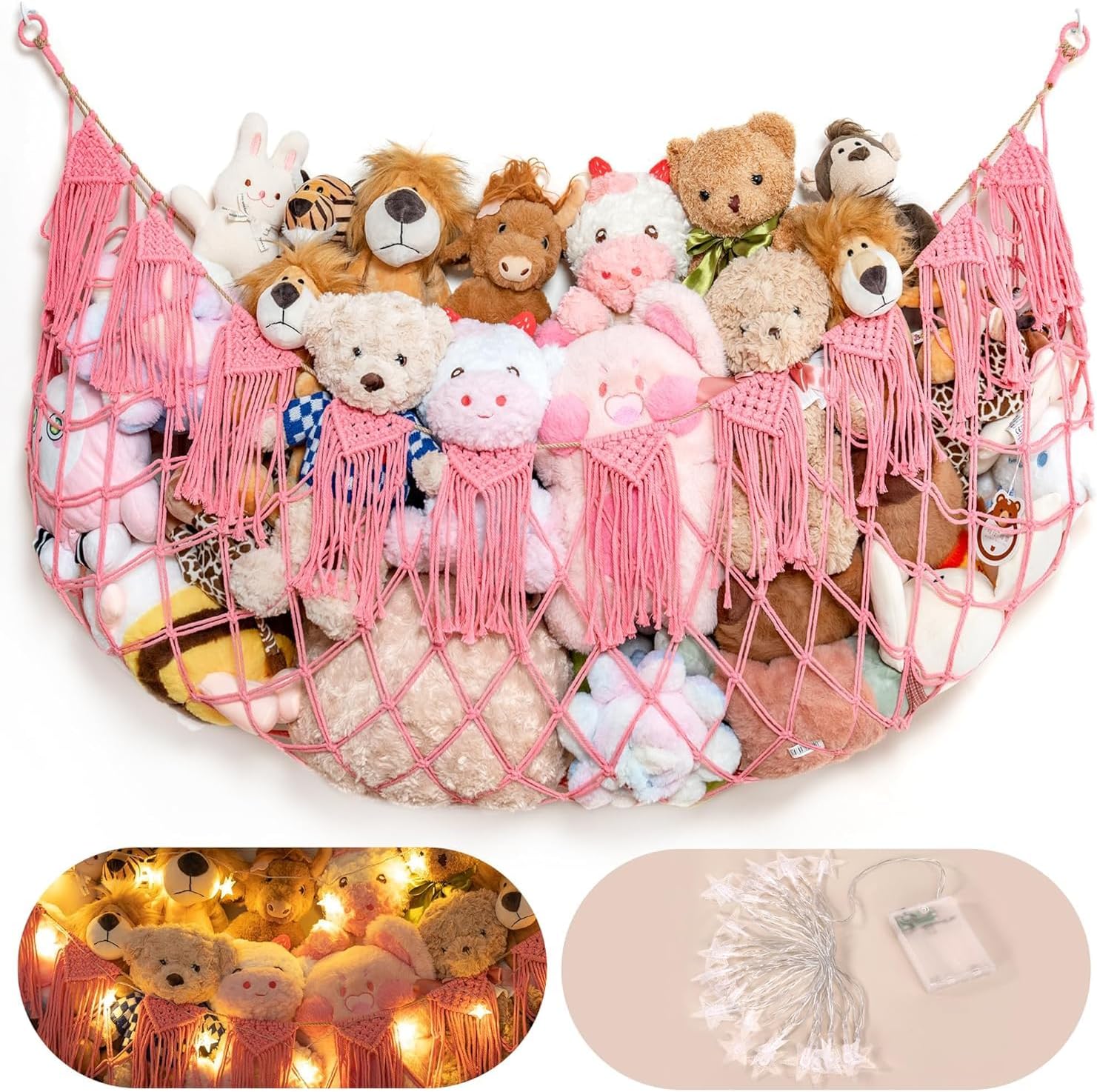 Stuffed Animal Hammock, Jumbo Stuffed Animal Net Wall Hanging Corner Toy Hammock with Led Lights Tassel Macrame Mesh Stuffed Animals Storage Toy Net Holder (Pink)
