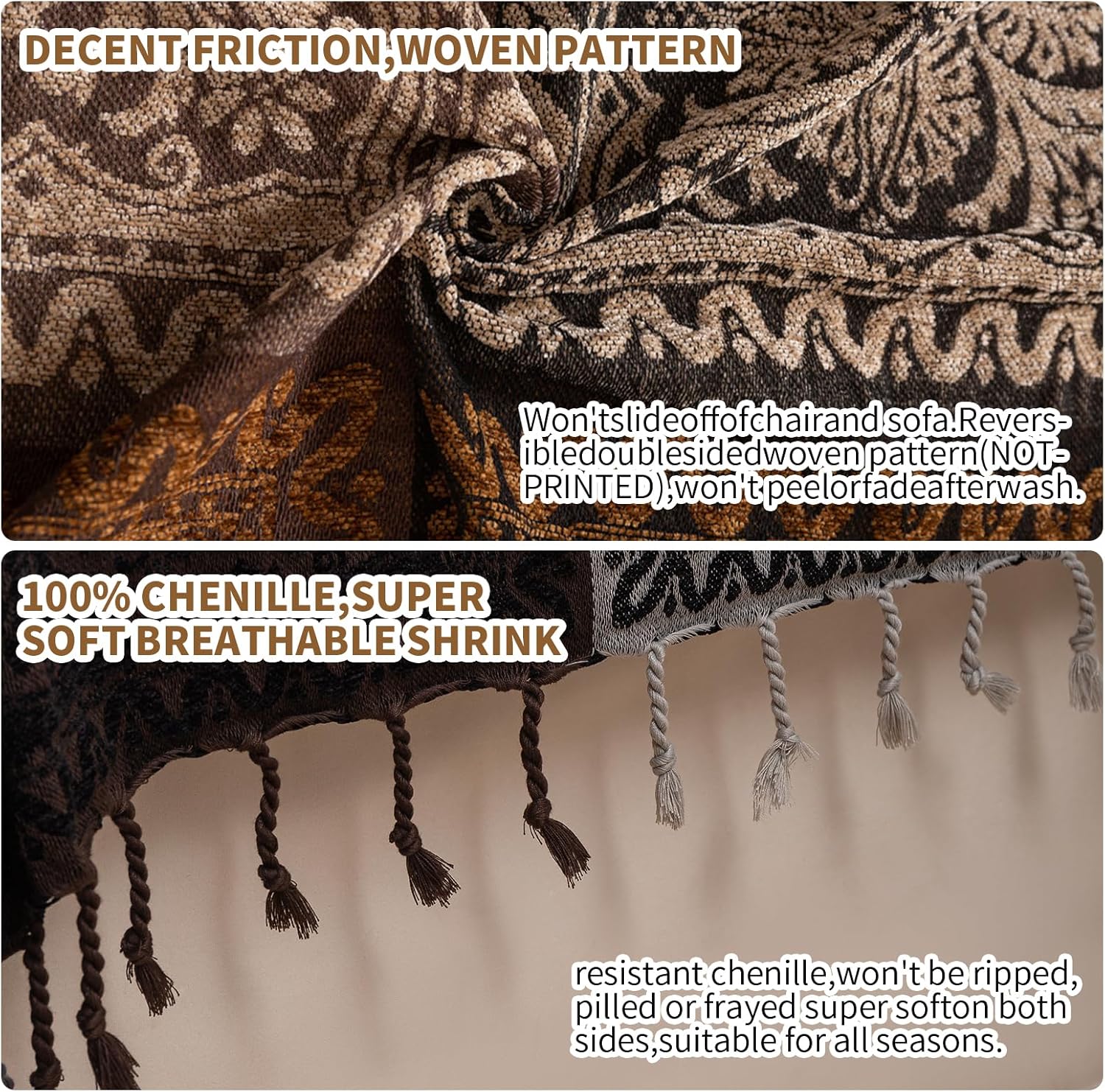 Boho Throw Blanket, Chenille Jacquard Tassels Throw Blankets for Bed Couch Soft Chair, Bohemian Fringe Tassels (Black, S:60x75) - Image 8