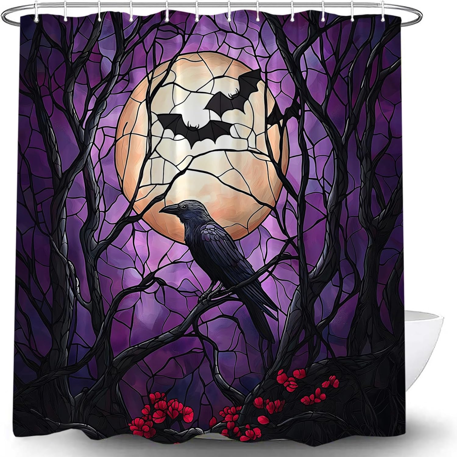 Crow Halloween Shower Curtain Purple Stained Glass Black Crows Bats on Vintage Dead Tree Branch Full Moon Spooky Gothic Night Horror Creepy Scary Fabric Bath Curtain with Hook