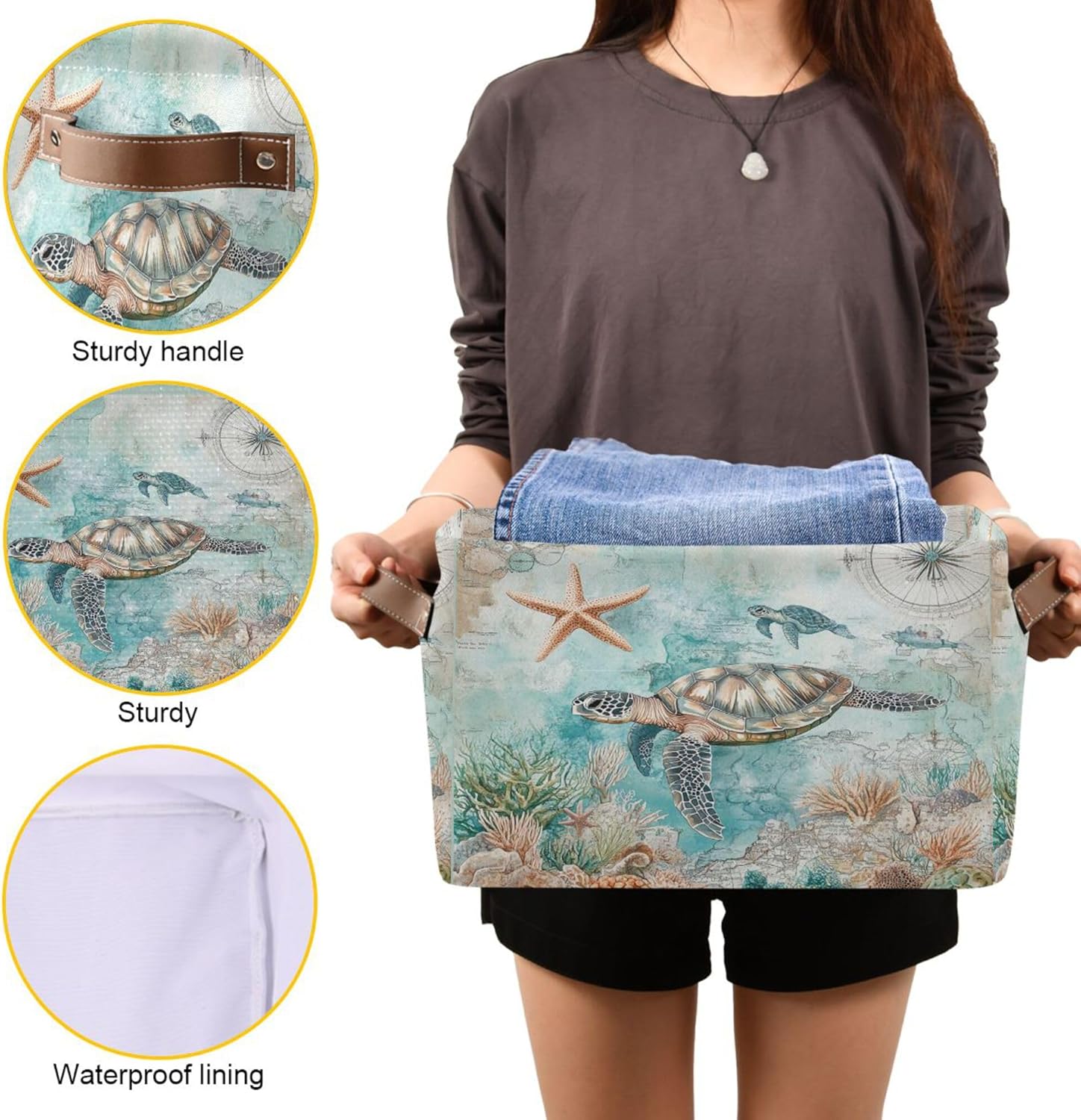 Nautical Starfish Fabric Storage Basket - Foldable, 16x12x8 Inches