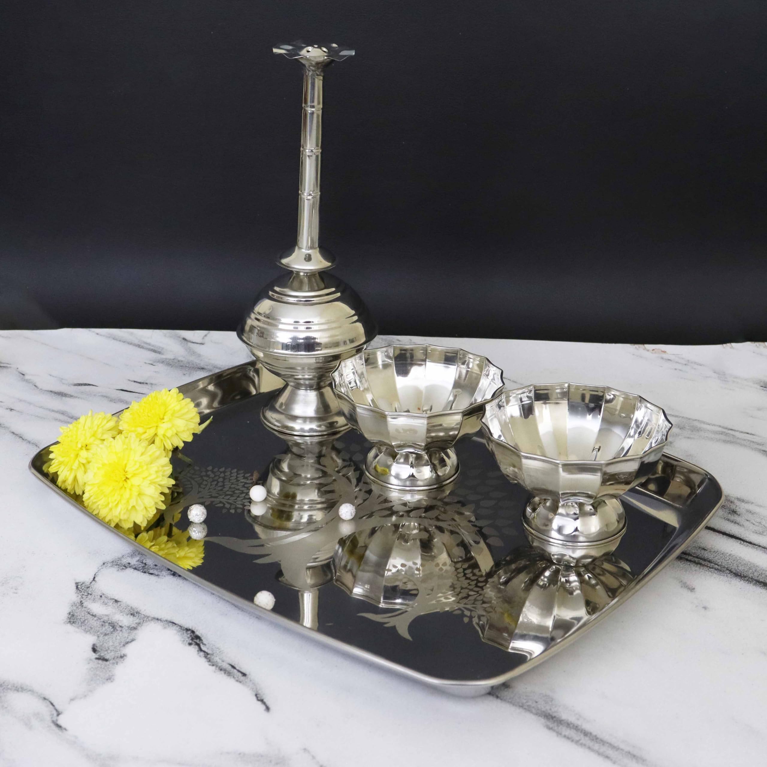 Spillbox Stainless Steel Pooja Thambulam Plate|Welcome Set for Office, Wedding,House Warming Ceremonies|Rectangular Plate,Chandan Bowl,Panner Sombu-SS Welcome Set-image-46