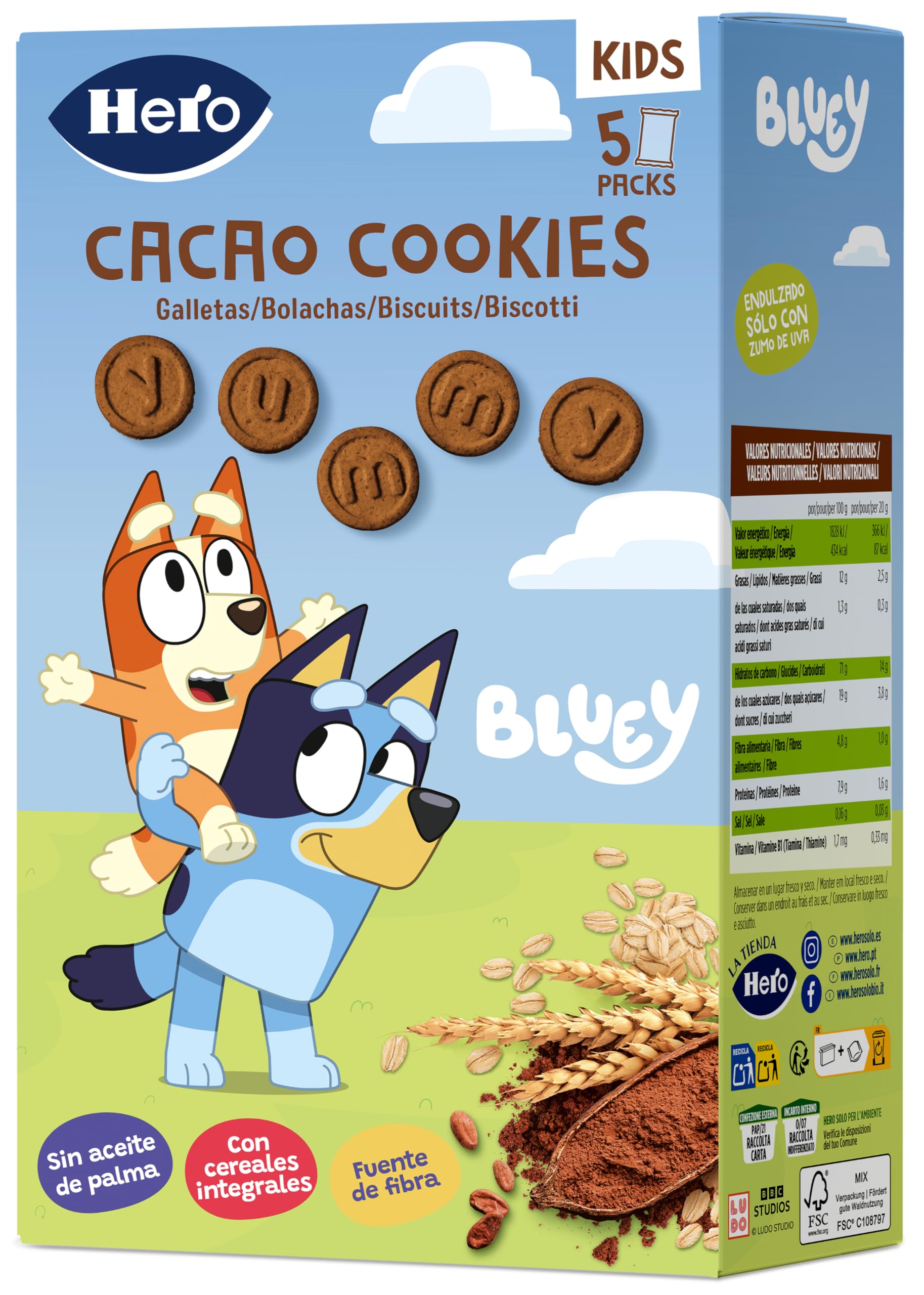 Hero Solo Galletas Infantiles de Cacao Bluey Snack Cereales Integrales Zumo de Uva Fibra 100g x 6uds