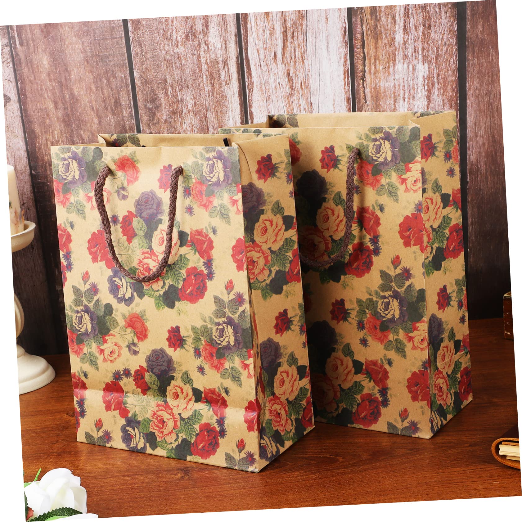 COLLBATH Geschenktüte Groß 40x30 Papiertüten mit Rosenmuster 12 Stück Kraftpapier Tragegriffe Stabilem Boden für Geburtstage und Einkaufen