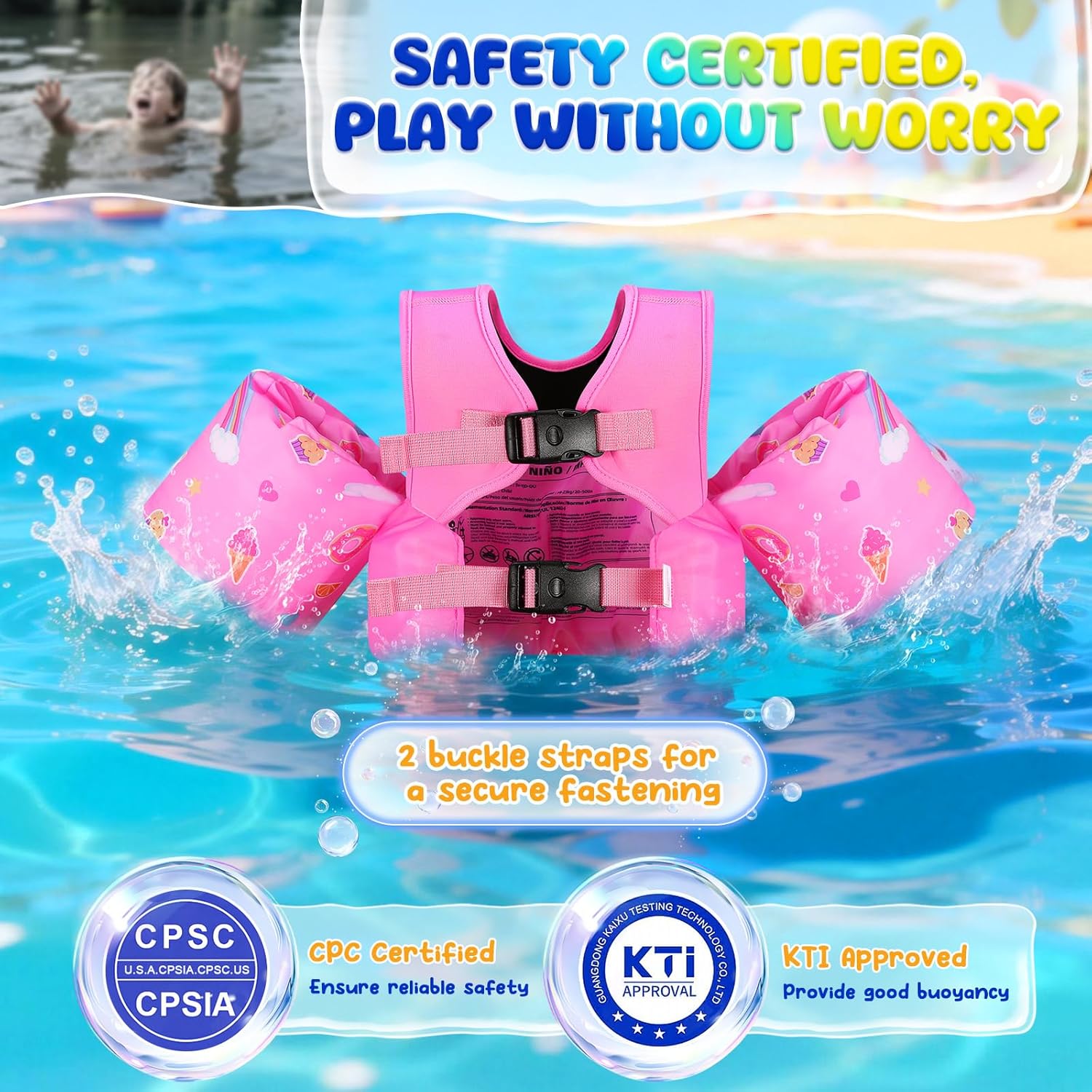 MoKo Toddler Swim Vest for Kids 13-30/20-50/22-66lbs, Swim Arm Floaties Cartoon Swimming Water Wings Pool Float Vests Sleeves Shoulder Straps Arm Band for Children Learn to Swim