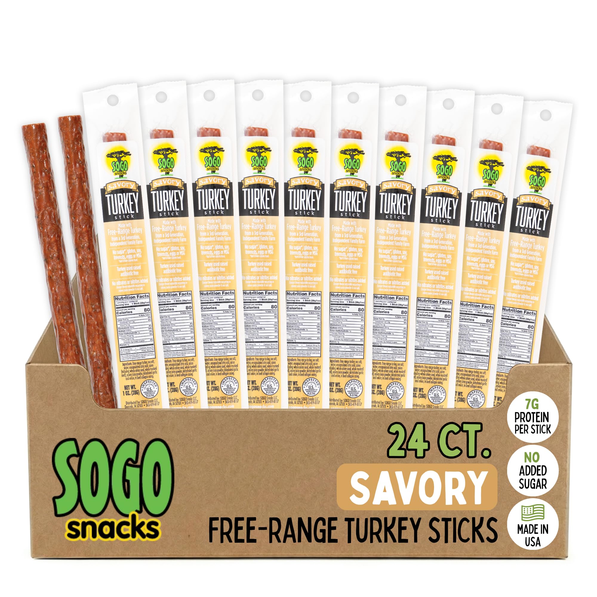 Savory Turkey, Sogo Snacks, No Sugar, Low Carb, Free-Range from a 3rd Generation, Independent Family Farm. Gluten Free, Hiking Snacks. Keto, Whole,