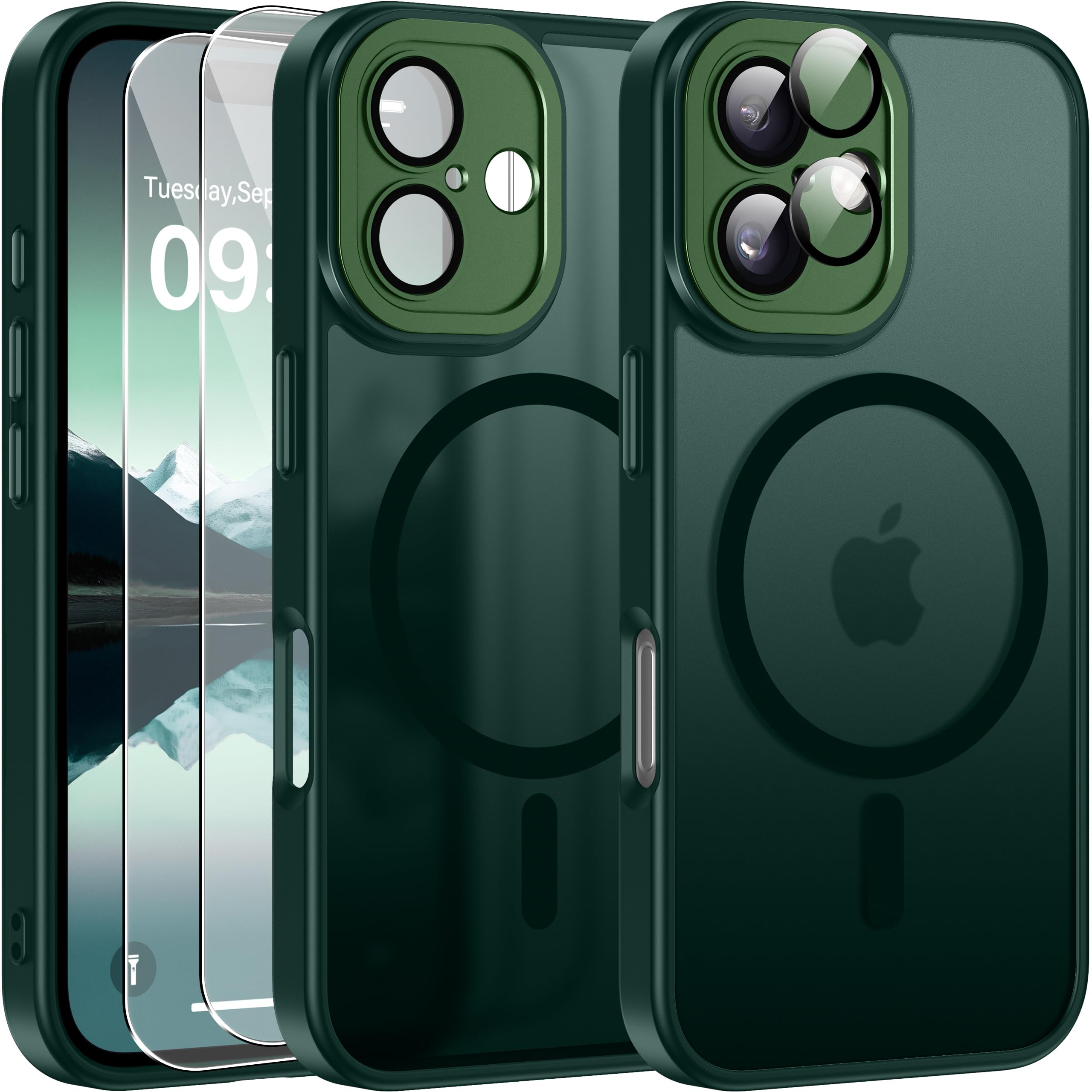 Opkiegrn für iPhone 16 Hülle, Kompatibel mit MagSafe mit 2 Stück Panzer Schutz Glas Folie, KameraSchutz Folie Stoßfest Kratzfest Transluzente Matt Handyhülle für iPhone 16, Dunkelgrün