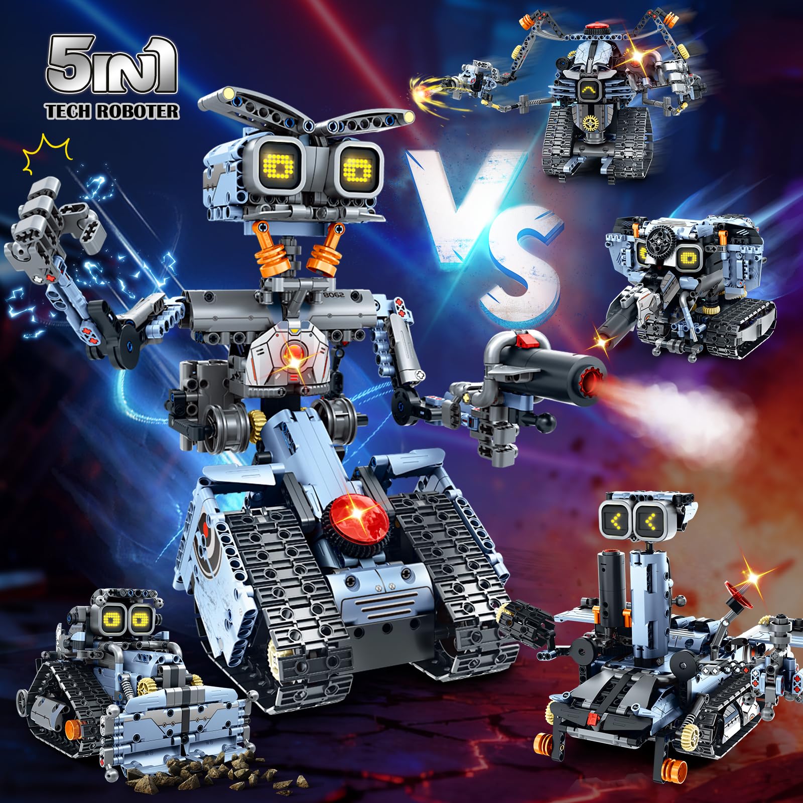 HiWEEGO Technik Roboter Bausatz für Kinder mit LED Augen, 5-in-1 App Fernbedienung Roboticset Baustein RC Bulldozer/Panzer/Engineering Spielzeug Geschenk für Jungen Mädchen Teens 8+ Jahre (699 Stück)