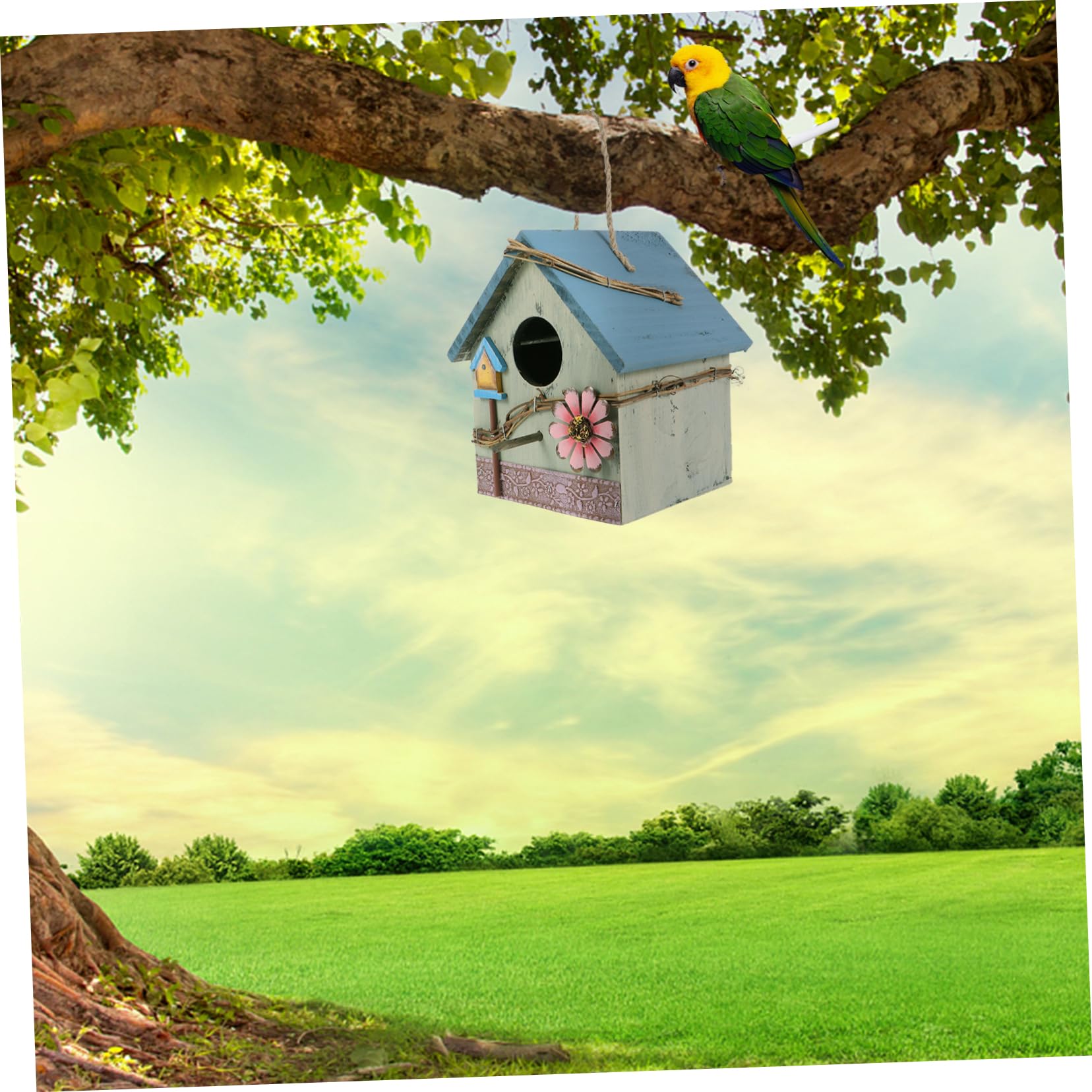 Casa de Pájaros de Madera Colgante para Loros y Aves Silvestres, Adorno Decorativo para Jardín y Terraza, Verde