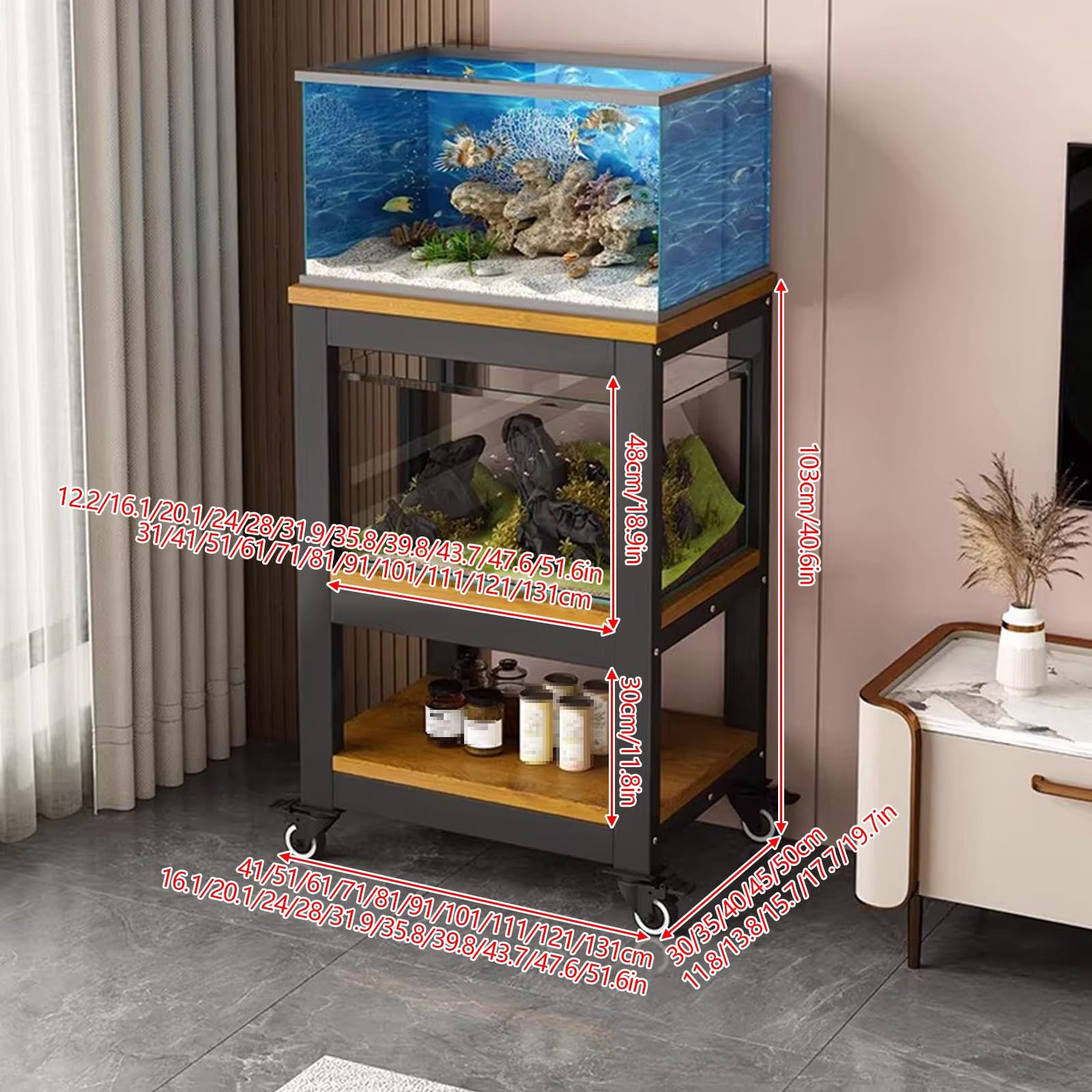 Ruchomy stojak do akwarium z kółkami, stojak na akwarium z półkami do przechowywania, ekspozycja terrarium, do salonu, sypialni, biura, czarno-brązowy, 81 x 35 x 103 cm