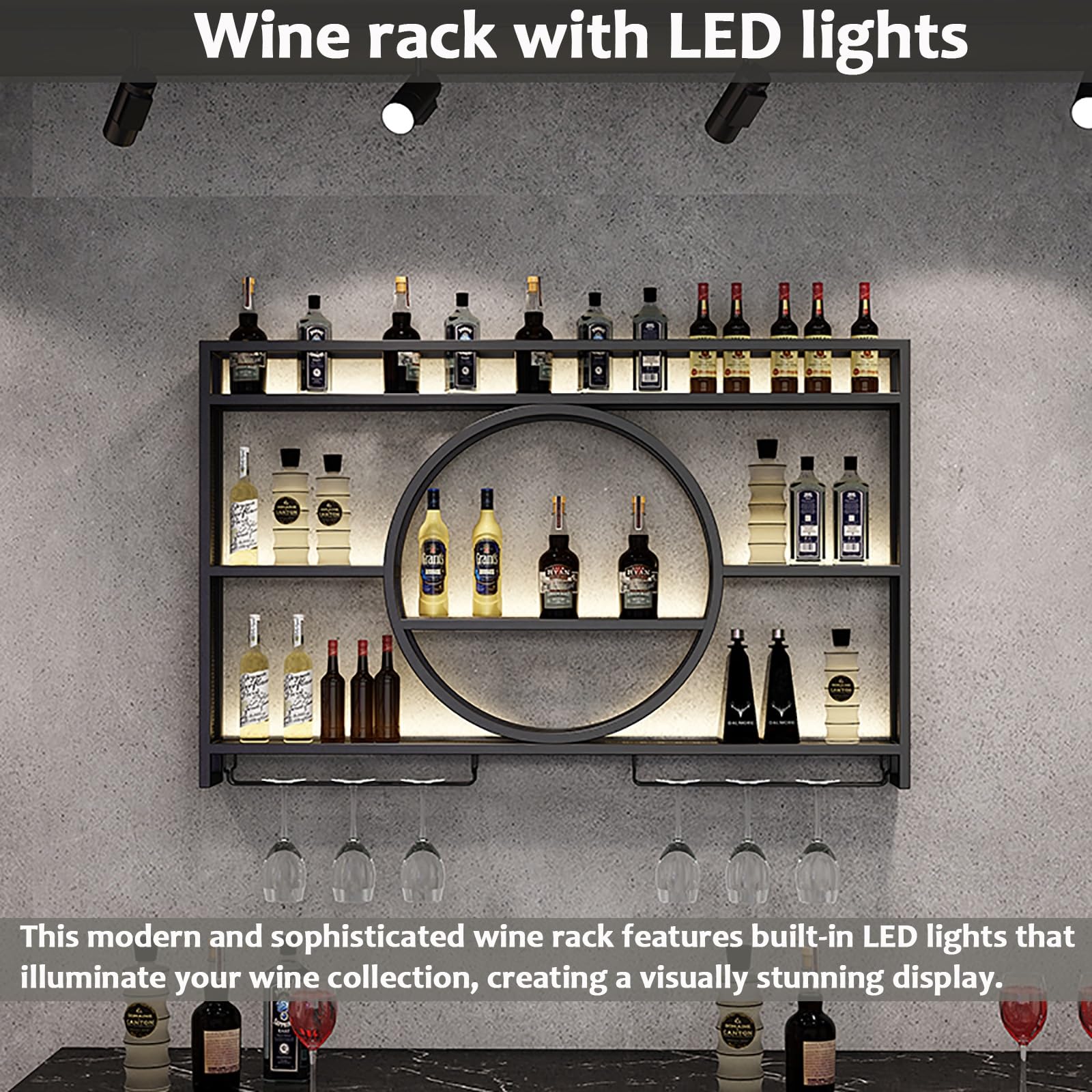 Moderno estante de vino montado en la pared con estantes iluminados por LED, soporte de metal de hierro fuerte en dorado/negro, exhibición de botellas de licor para cocina, bar, bodega, soporte para
