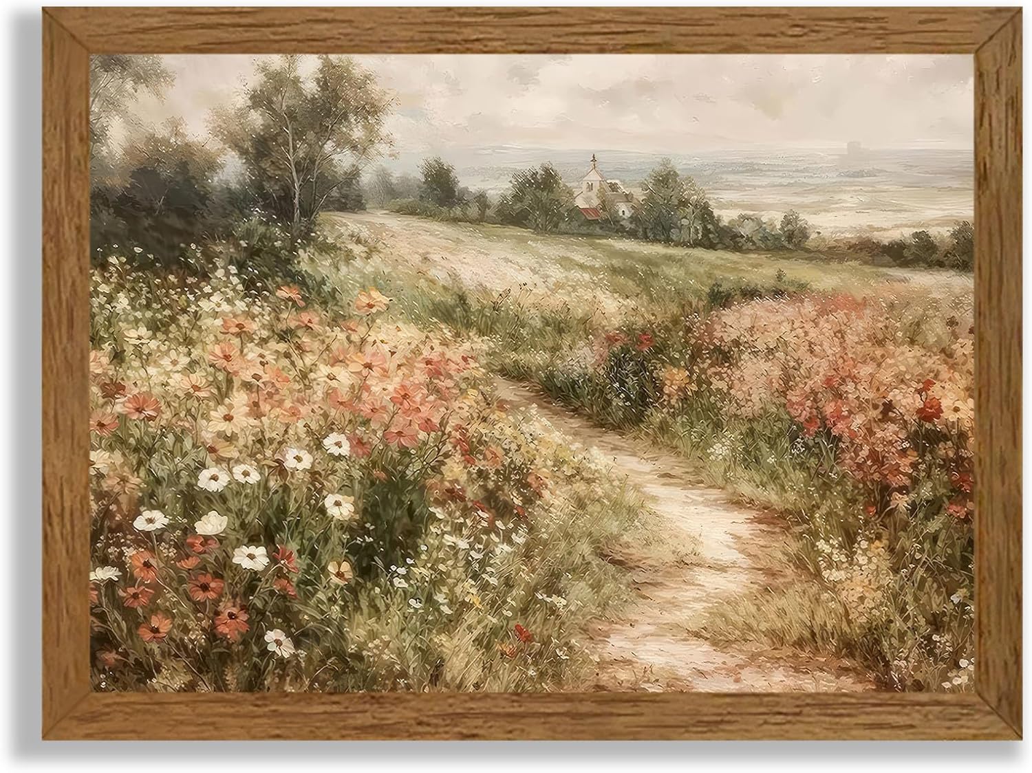 Wojuin Framed Vintage Cottagecore Canvas Wall Art, Landscape Nature Country Wildflower Wall Decor, Farmhouse Modern Rustic Fall Flower Artwork Prints for Living Room Bedroom Bathroom Office 16x24 in