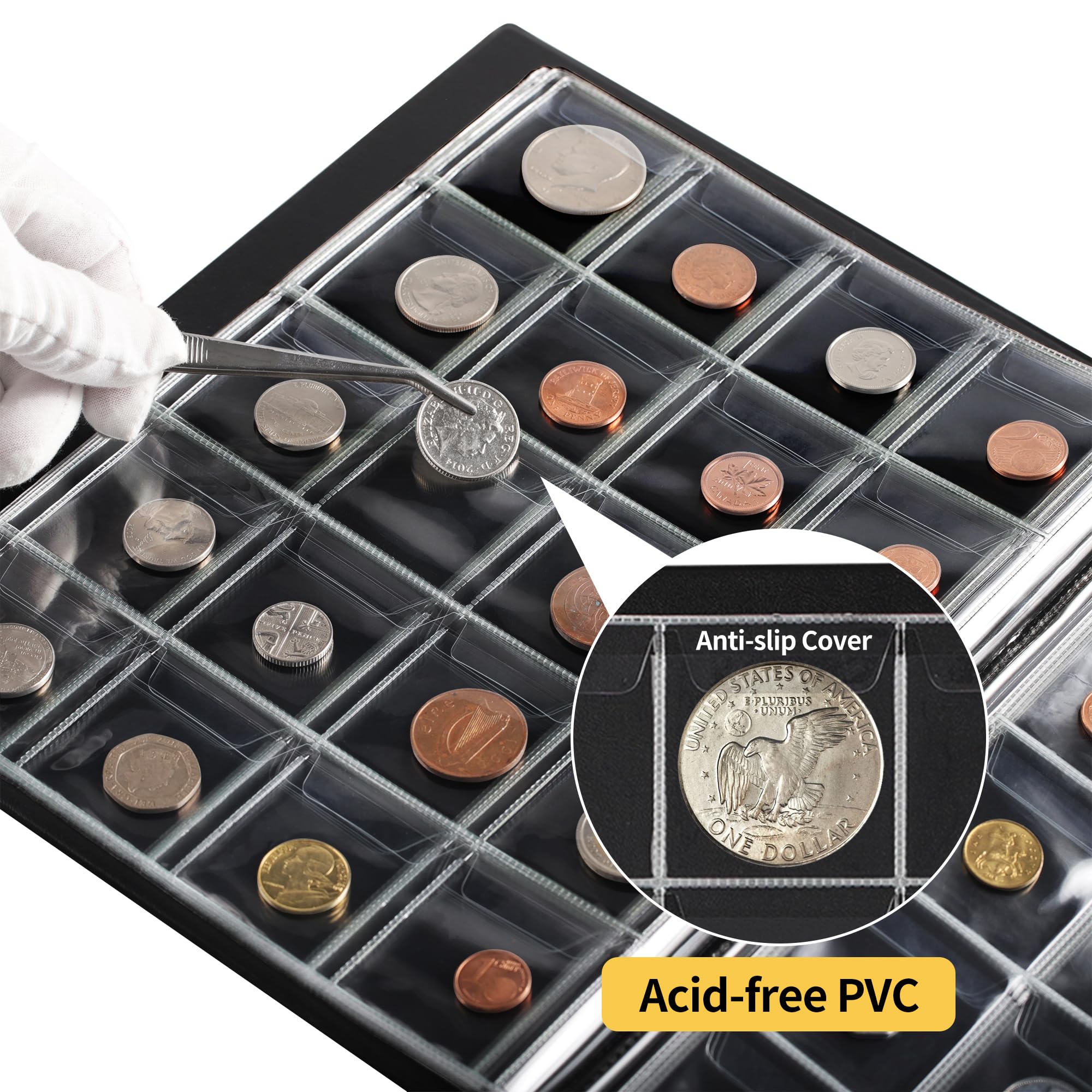 Uncle Paul 200 Pockets Coin Collection Albums - 45x45 mm Grid Coin Collecting Storage Book Holder 10 Sheets Green CS0220GR - Image 3