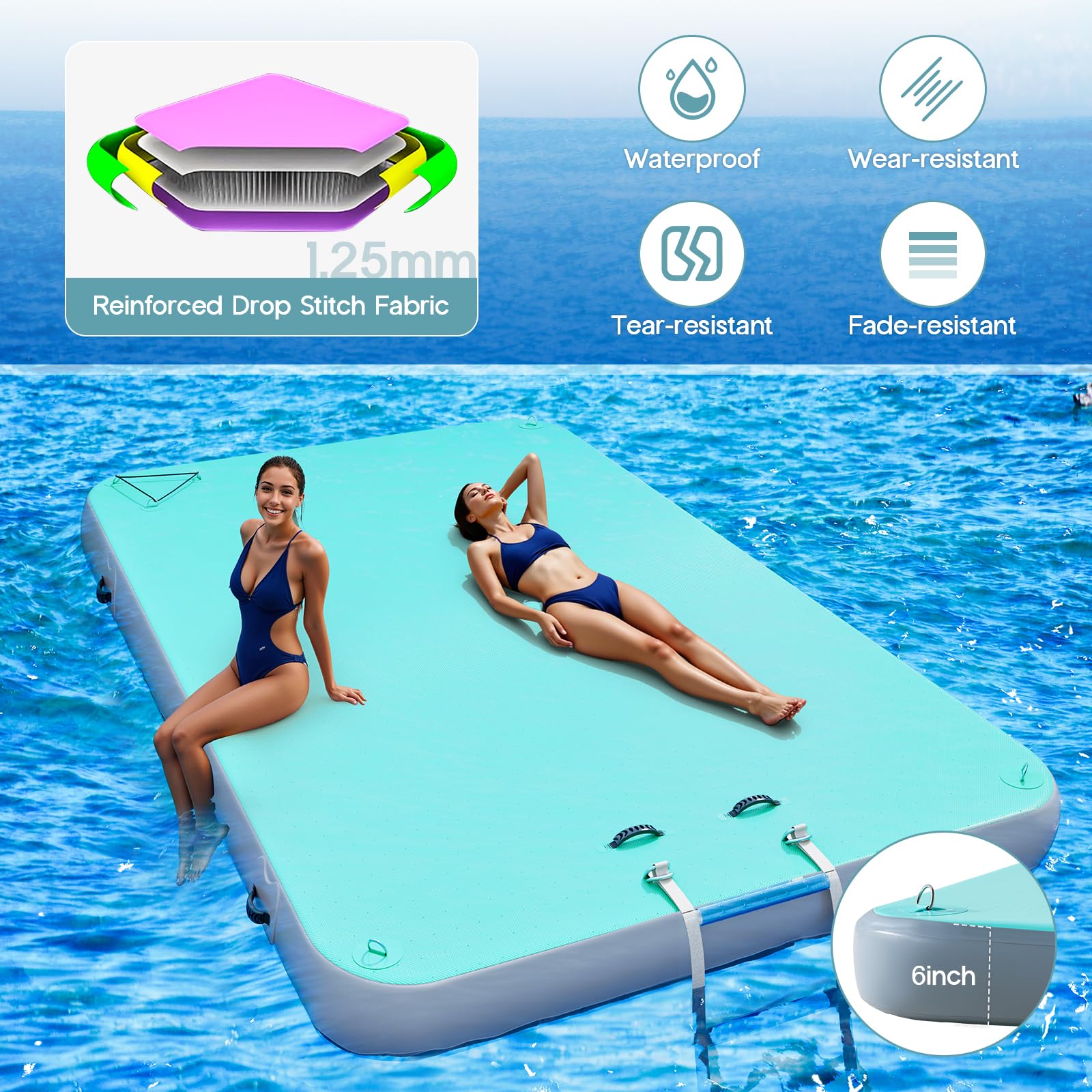 Specraft 10x6 ft Inflatable Floating Dock with Non-Slip Surface, Detachable Ladder, Multi-Person Swim Platform for Pool, Beach, Ocean, Mint Green+Gray