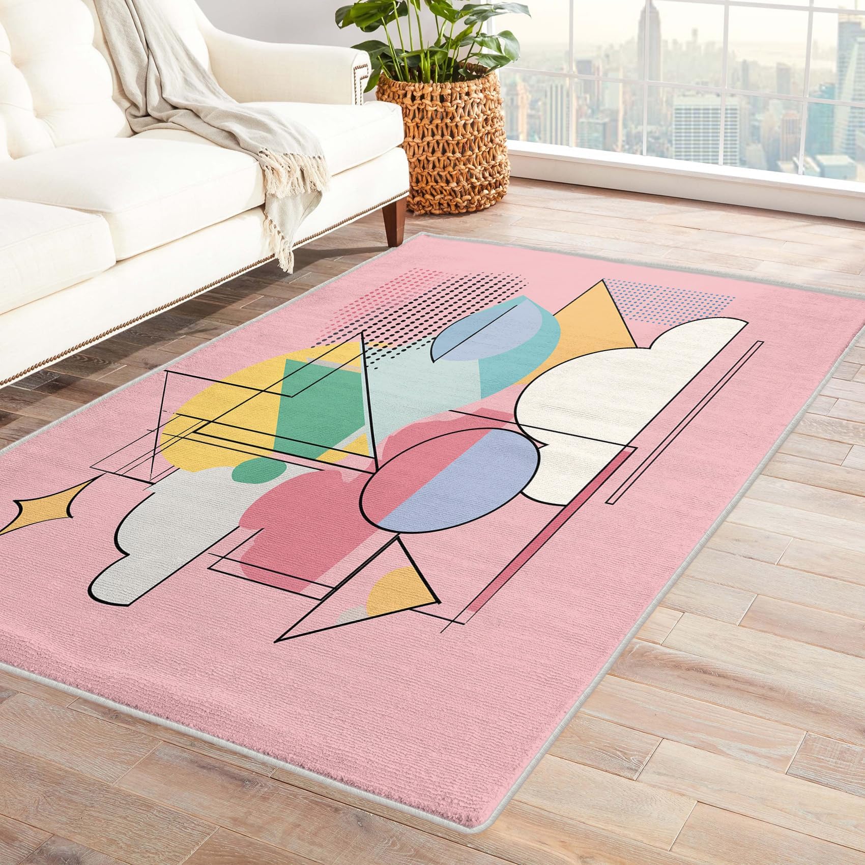 Tapis géométrique salon lavable rose style Memphis des années 80 antidérapant