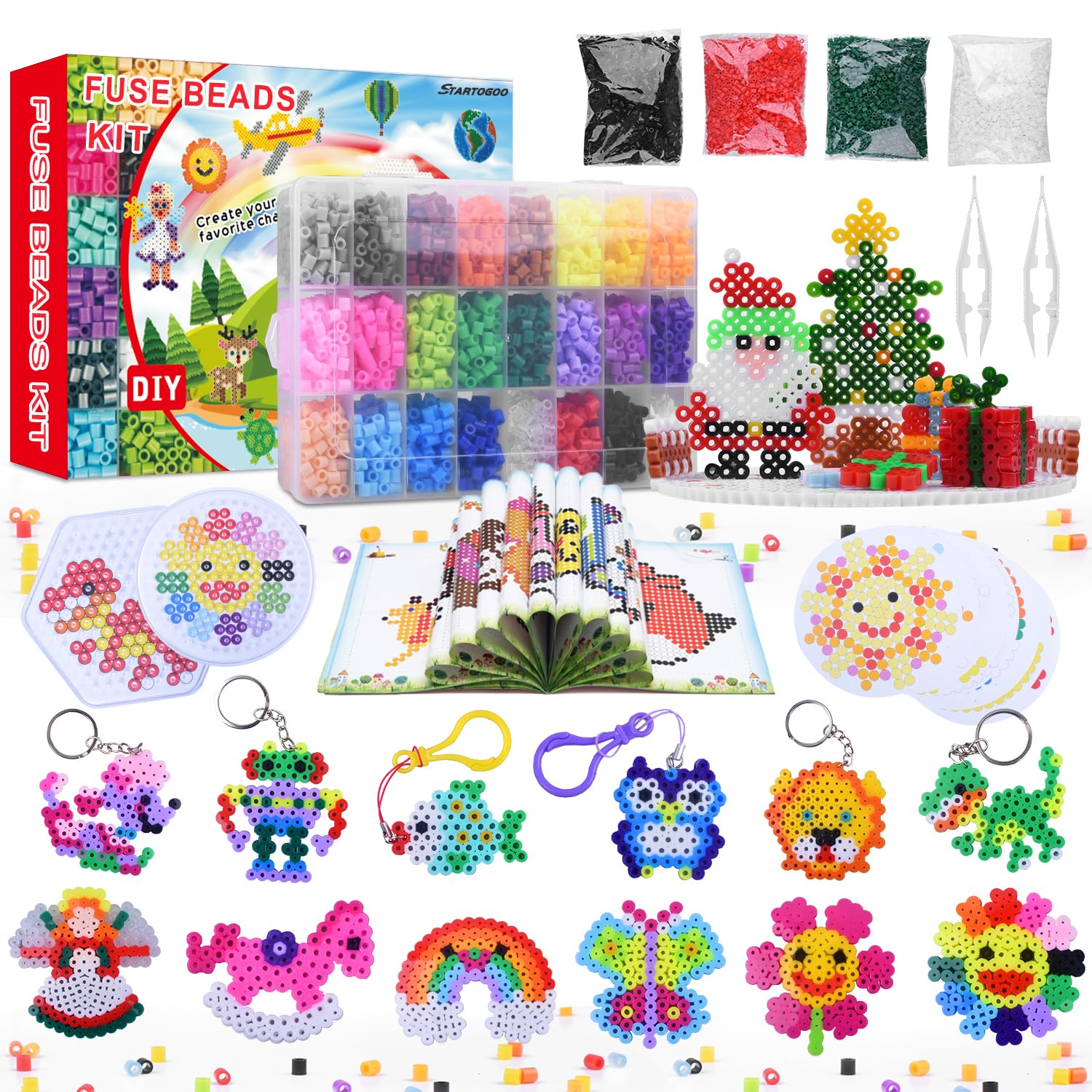 AMAYGA 9600 Perline da Stirare 5 mm, 48 Colori Perline a Fusione kit Creativo Fai da Te, Accessori Artigianali Fai Set con Carta Stiro, Pinzette, Clip, Progetto Giocattoli Educativi per Bambini