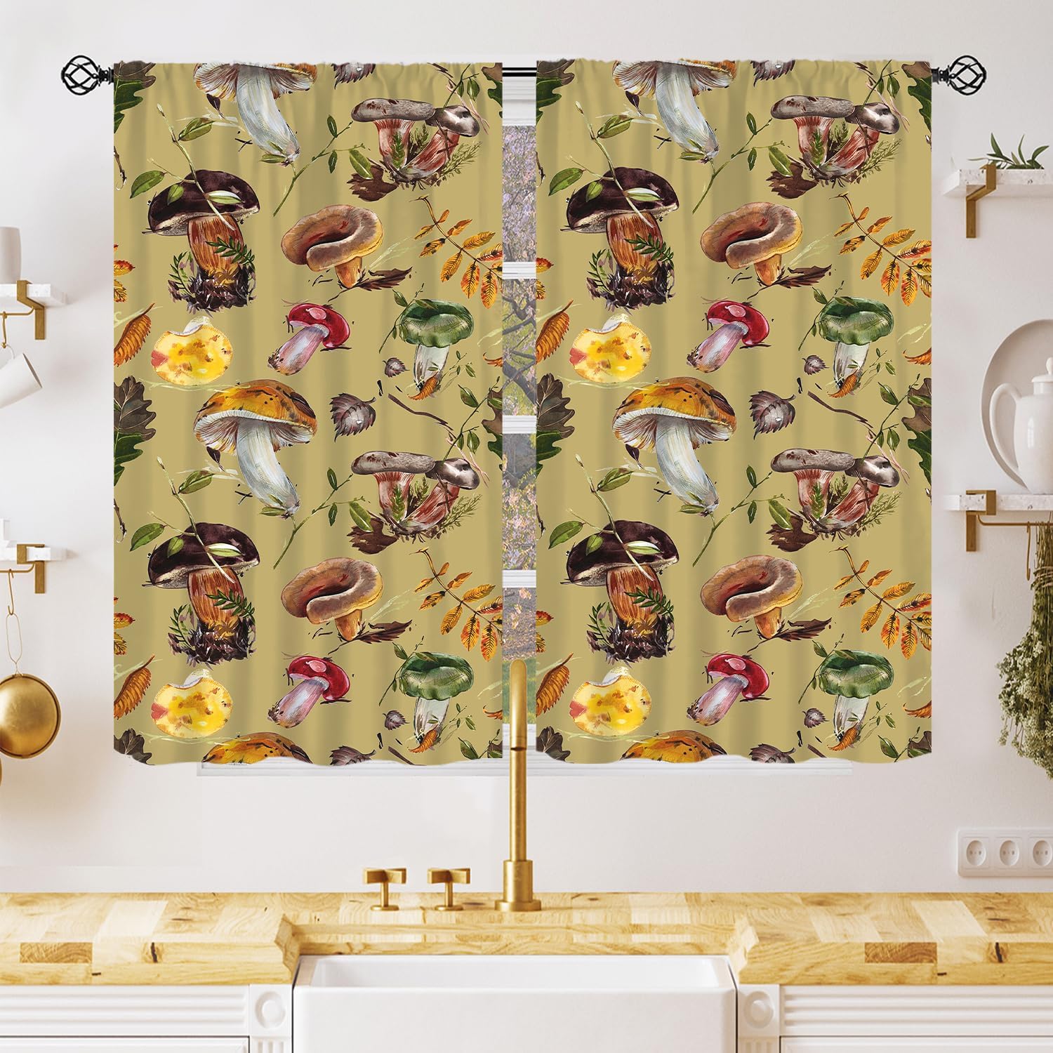 Mushrooms Curtains, Watercolor Plants Forest Insect Animals Moon Window Treatments for Farm Leaf Season Bedroom Kitchen Bathroom Drapes, 42x63 Inch 2 Panels