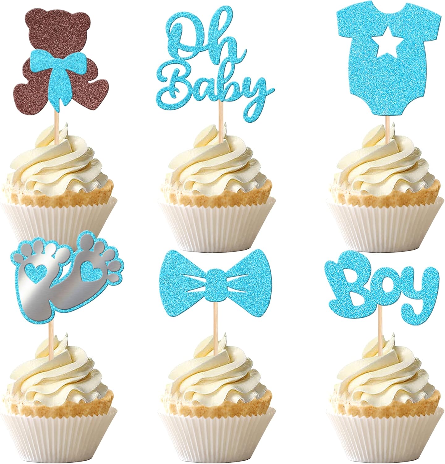 ZHUOWEISM 24 PCS Oh Baby Cupcake Toppers with Glitter Bow Dress Feet