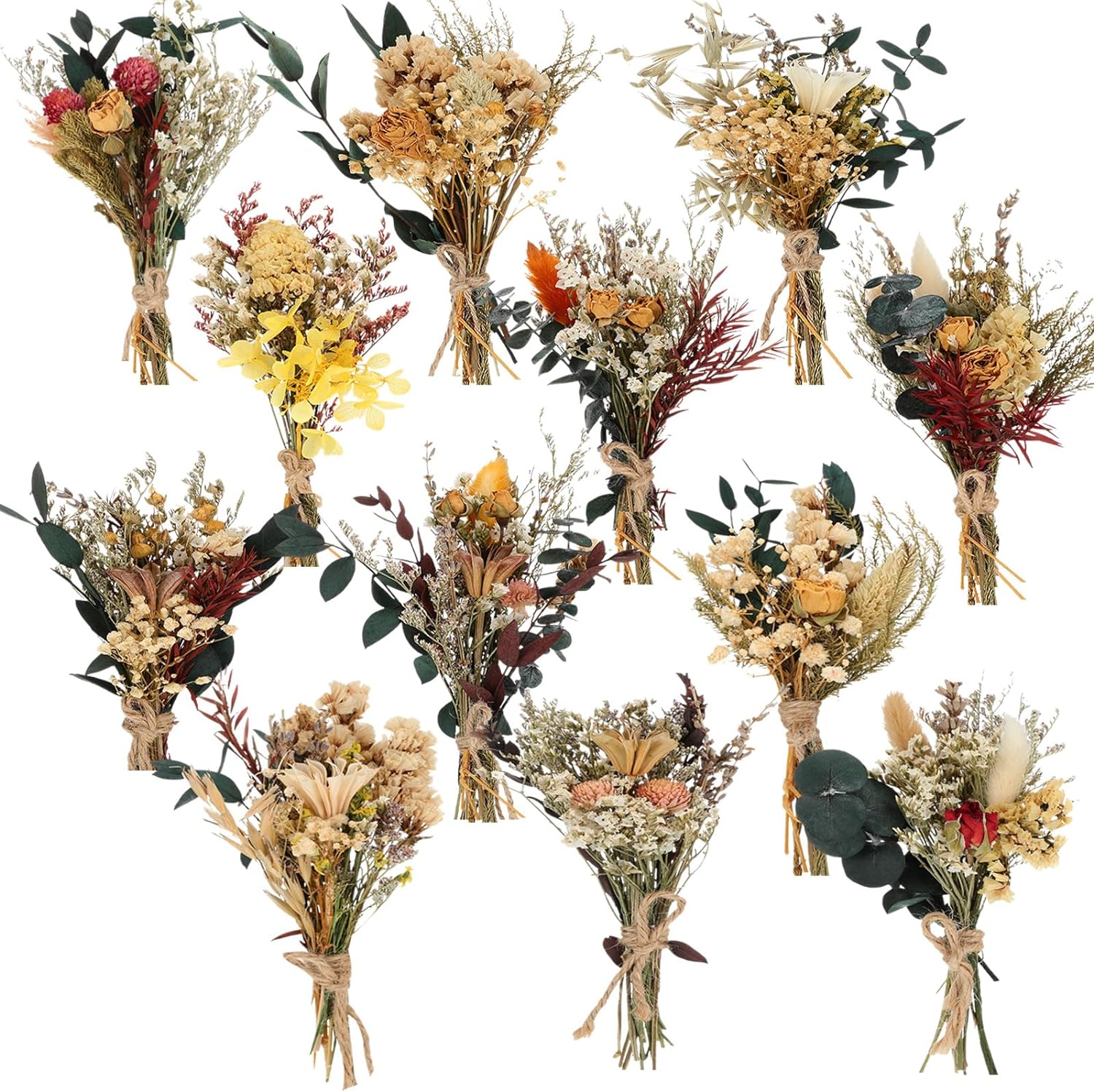 Layhit 12 Pack Boho Dried Flower Bouquet Mini Wedding Handmade Dry Flowers Decor for Vase Crafts DIY Photo Boutonniere for Men Floral Plant for Bridesmaid Gift Birthday Decor(Bright)