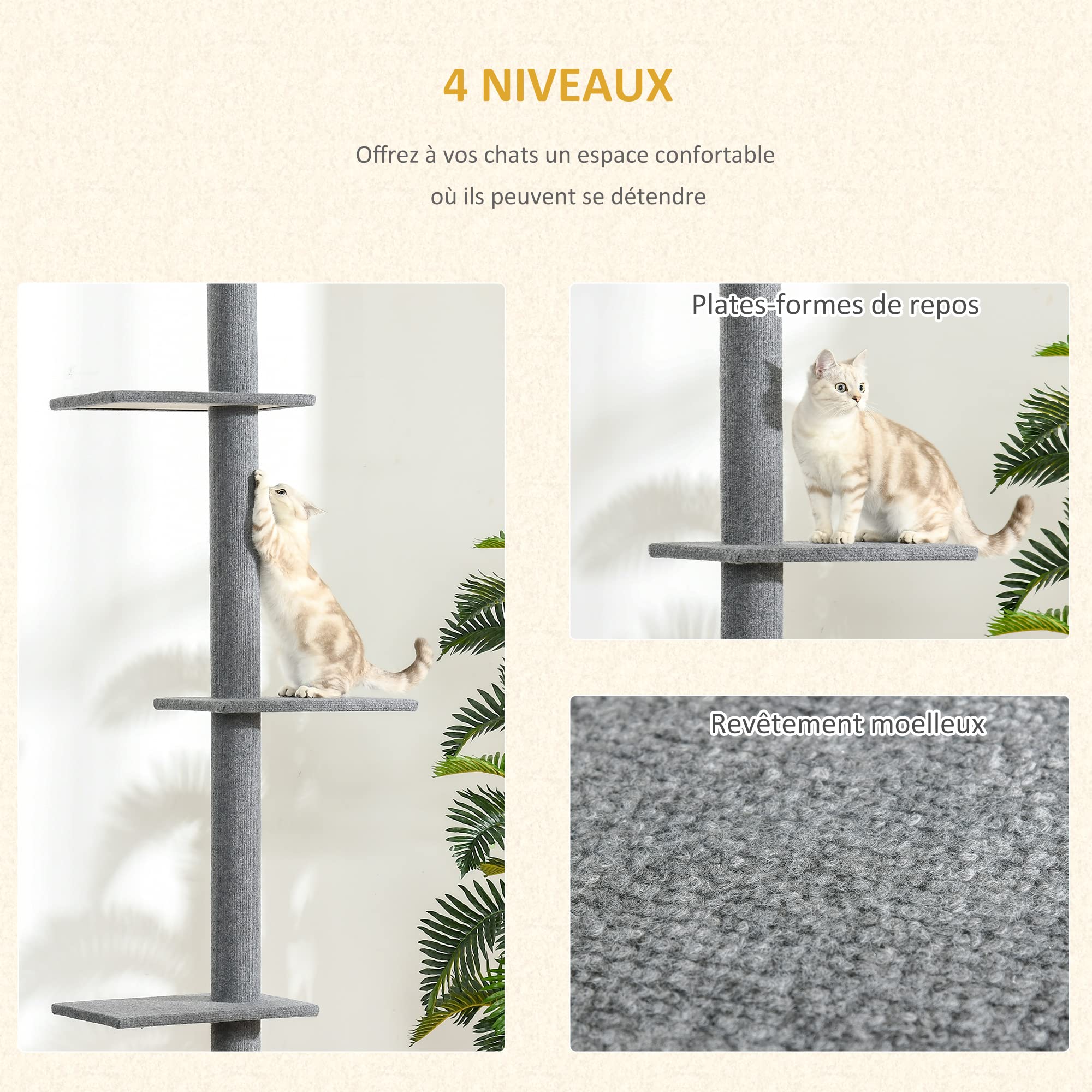 PawHut Arbre à Chat du Sol au Plafond dim. 43L x 27I x 228-260H cm Gris