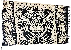 Canga Praia Étnico, Preto e Bege, Estampa Floral Geométrica, Estilo Boho Farmmy, com Franjas