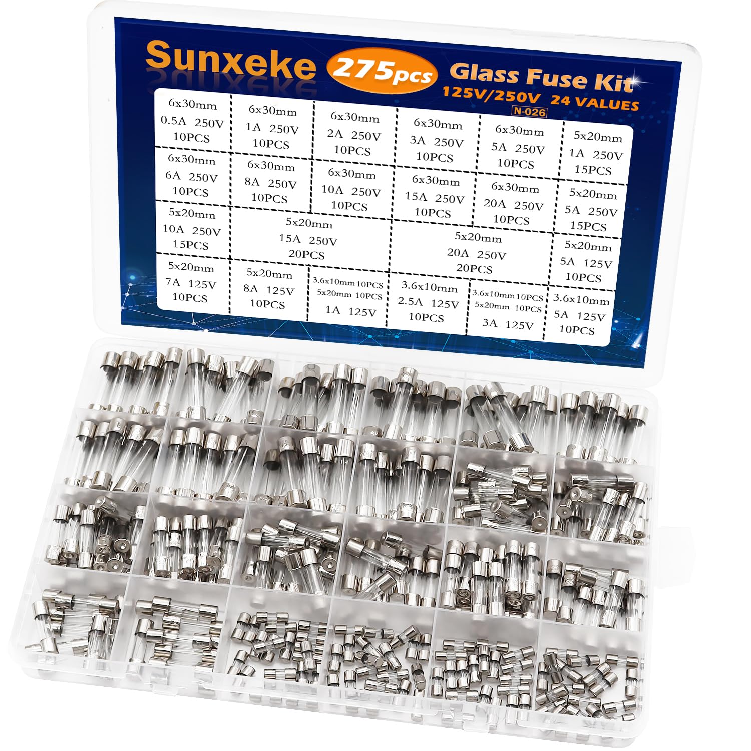 Sunxeke 275-Piece Glass Fuse Assortment Kit - 24 Values Fast-Blow (5x20mm, 6x30mm, 3.6x10mm) - View #2