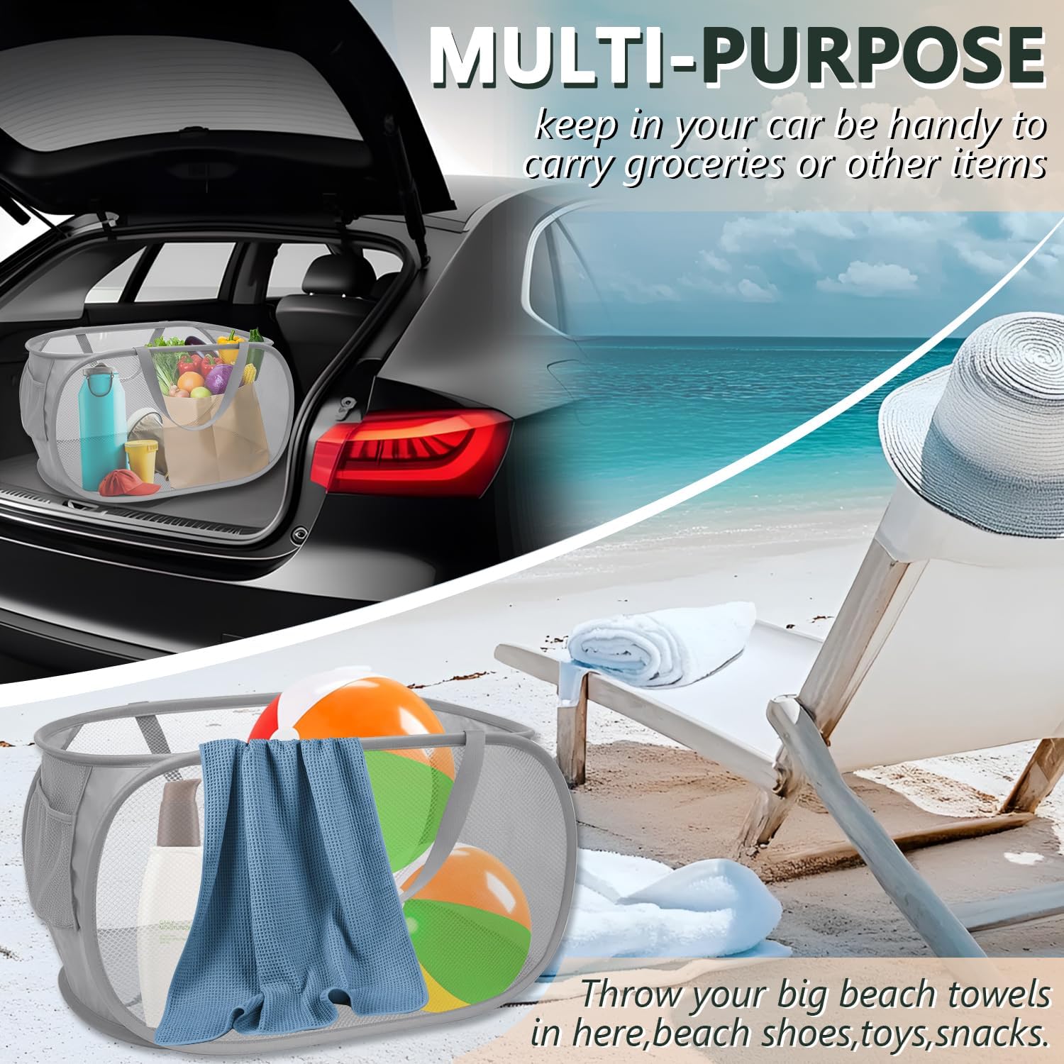 Pop Up Laundry Hamper,Collapsible Horizontal Baskets with Handles & Side Pocket,Foldable Sturdy mesh for Laundry Room,Bathroom,Kids Room,College Dorm or Travel (Grey)