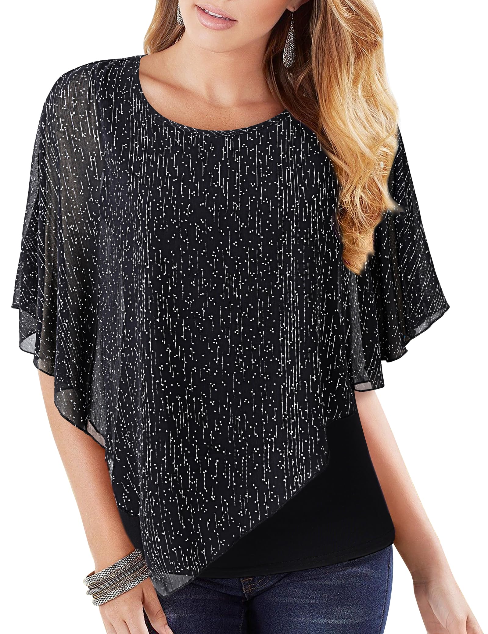 Lotusmile Women's Lightweight Flowy Shirt Double-Layered Printed Chiffon Poncho Blouse Top