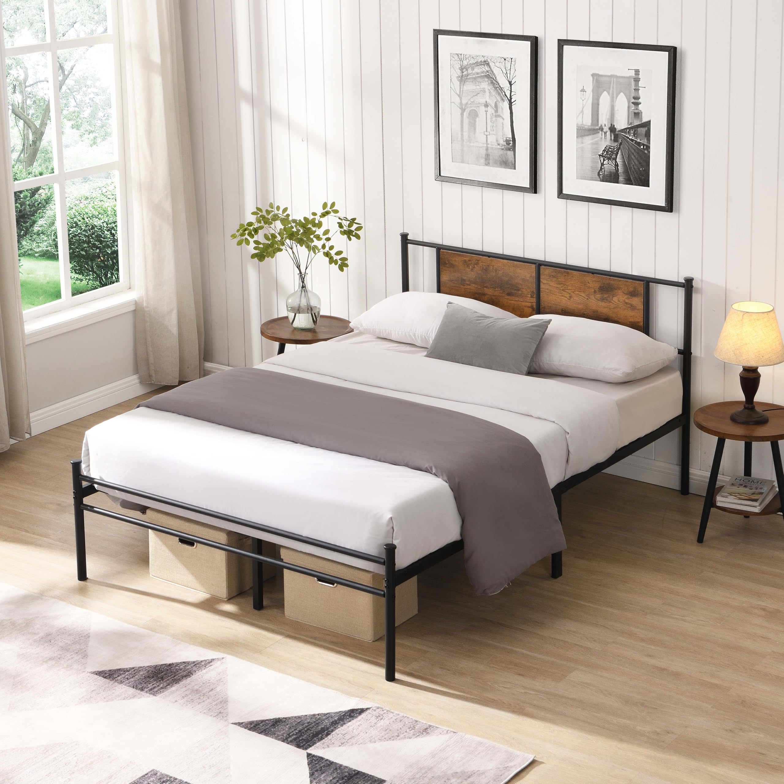 King Size Bed Frame with Wooden Headboard and Footboard Metal Heavy Duty Platform Bed Sturdy Steel Slat Support