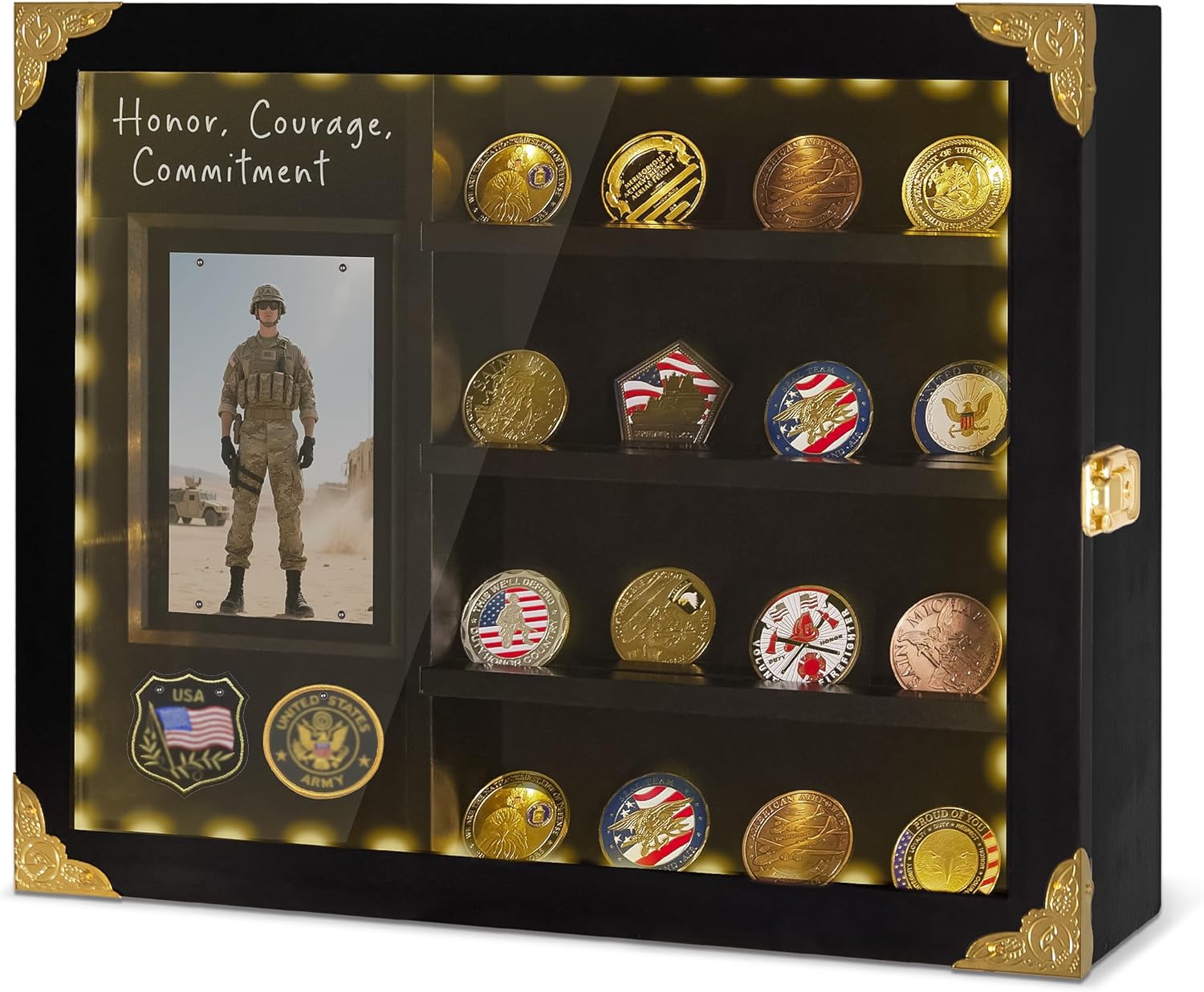 Challenge Coin Display Case with Light, Removable Shelves and Picture Frame for Honor Military Coin Holder Wall Mount, Memorial Gift for Men Veterans Collectors (Black)