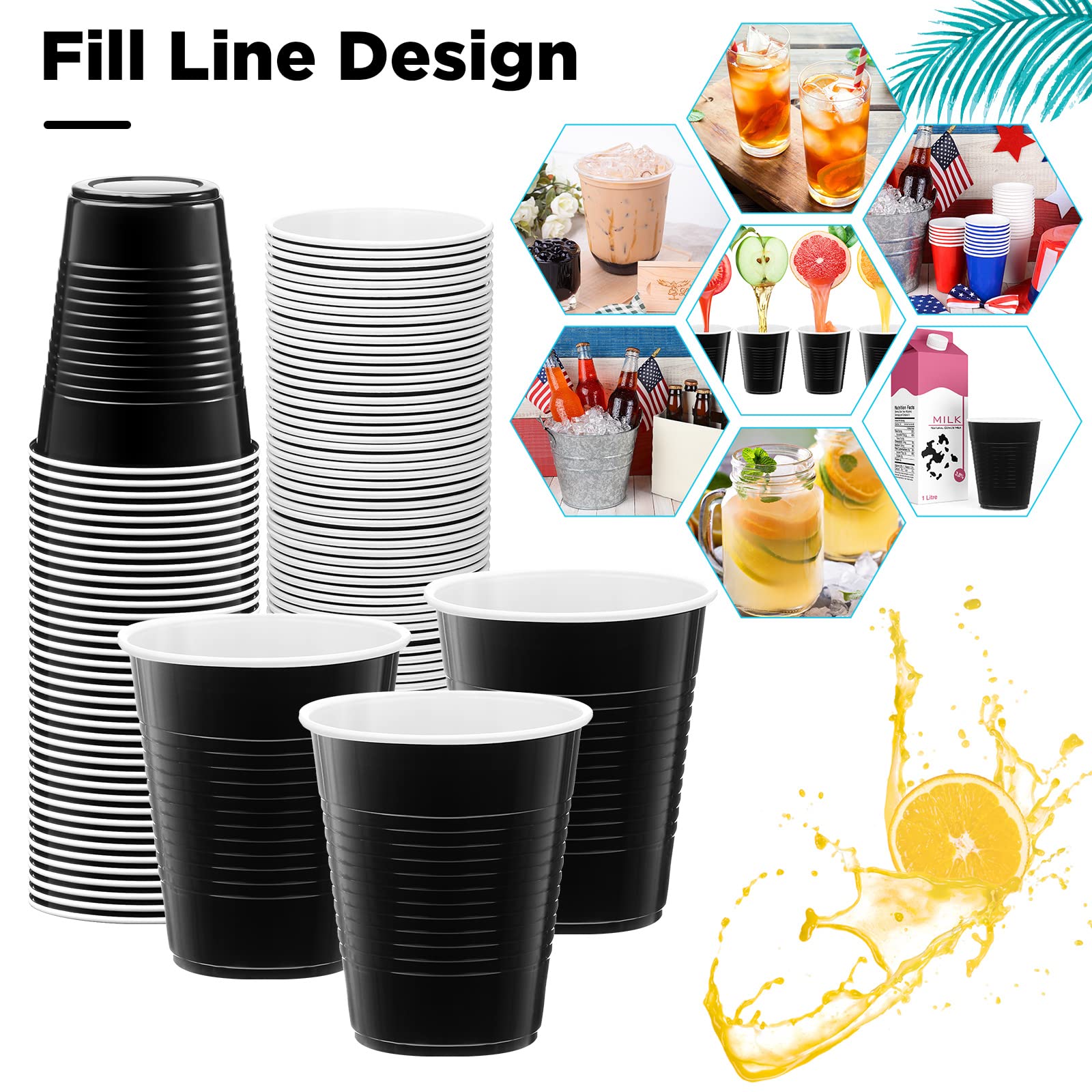 Yinder 200 Pcs 18 oz Disposable Plastic Cups Plastic Party Cups Drinking Cups for Birthday Bachelorette Party Wedding Camping Indoor Outdoor Events Supplies Beverage Dessert (Black and White)