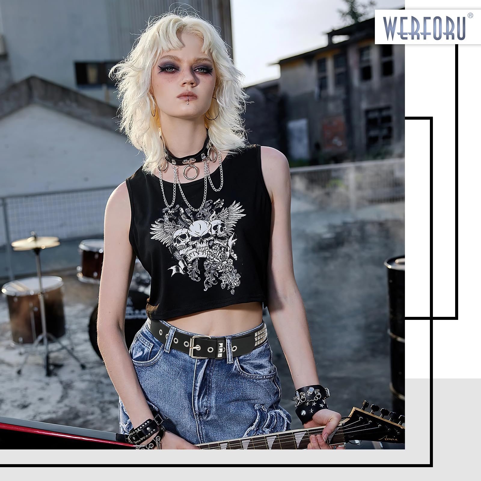 WERFORU Double Grommet Belt PU Leather Punk Belt for Women Men Jeans 2 Hole Belts 1.5 Wide