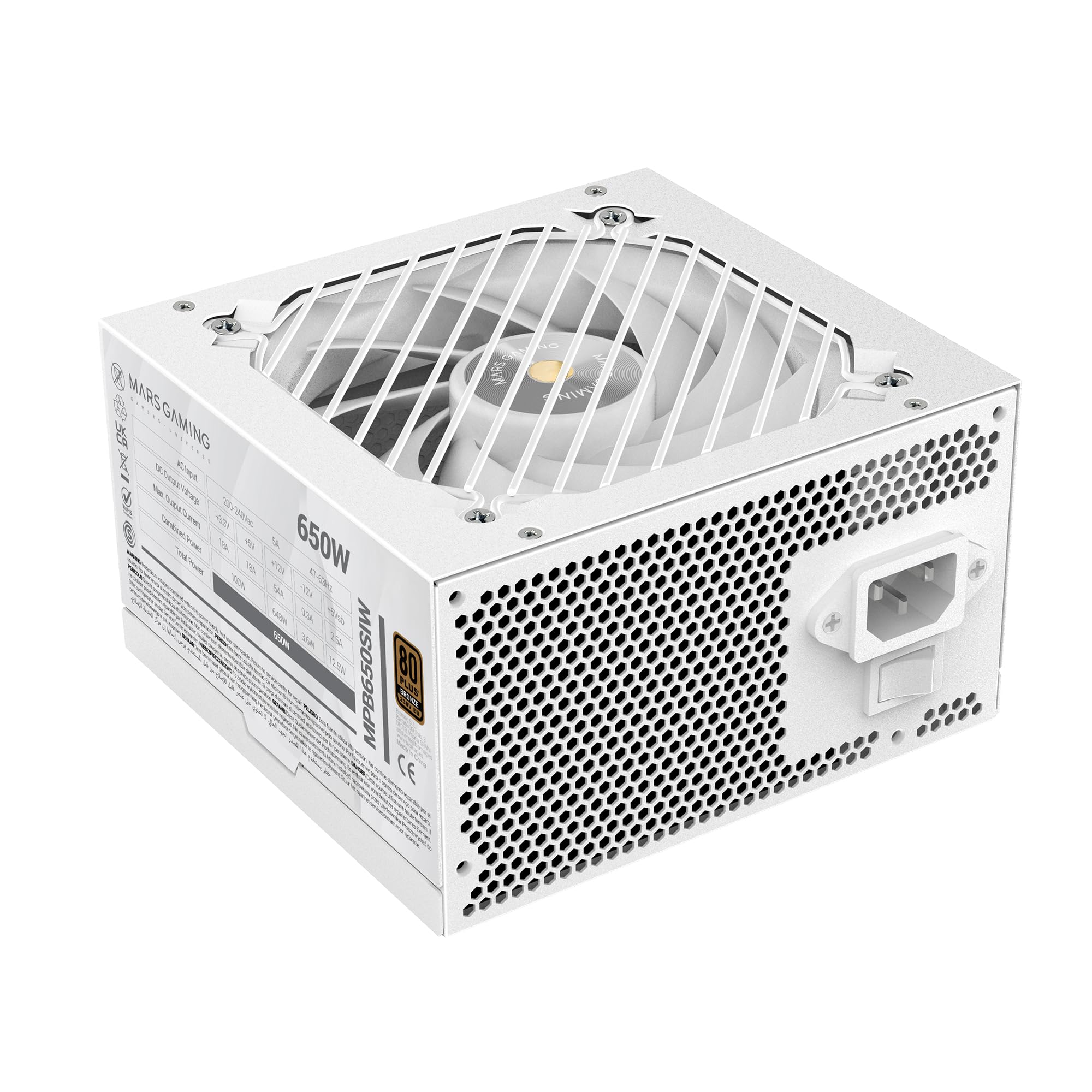 Mars Gaming MPB650SI, Zasilacz PC ATX 650W, 7 Lat Gwarancji, 80Plus Bronze 230V, 90% Wydajności, Wentylator SI Extreme Silence z Miedzianym Rdzeniem, Technologie AI2-RPM, DC-DC i SMD, Biały