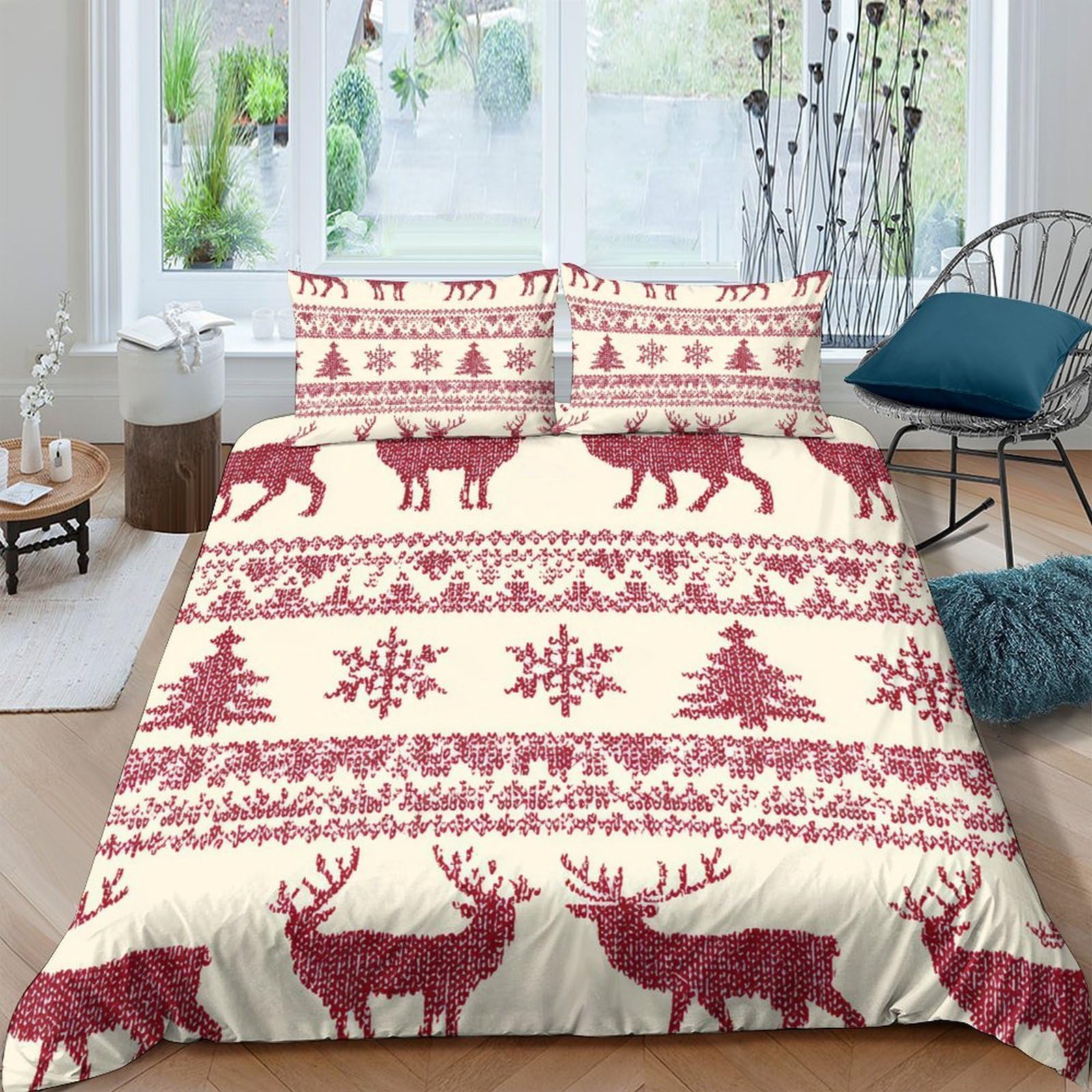 Ctjqhvkz Style-8 3D Printed Nordic Deer Fitted Sheet Microfiber Red Beige Christmas Tree Bed Cover Anti-Slip Machine Washable Bedroom Decor Single（135X200cm）