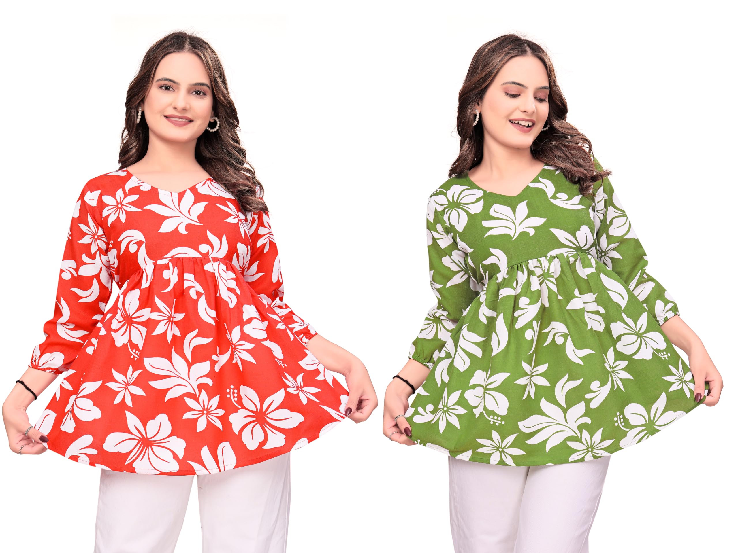 New Women's Cotton Floral Print Peplum Tunic Top | V-Neck 3/4 Sleeve Casual Summer Wear Stylish Western Kurti for Ladies & Girls-picture-42