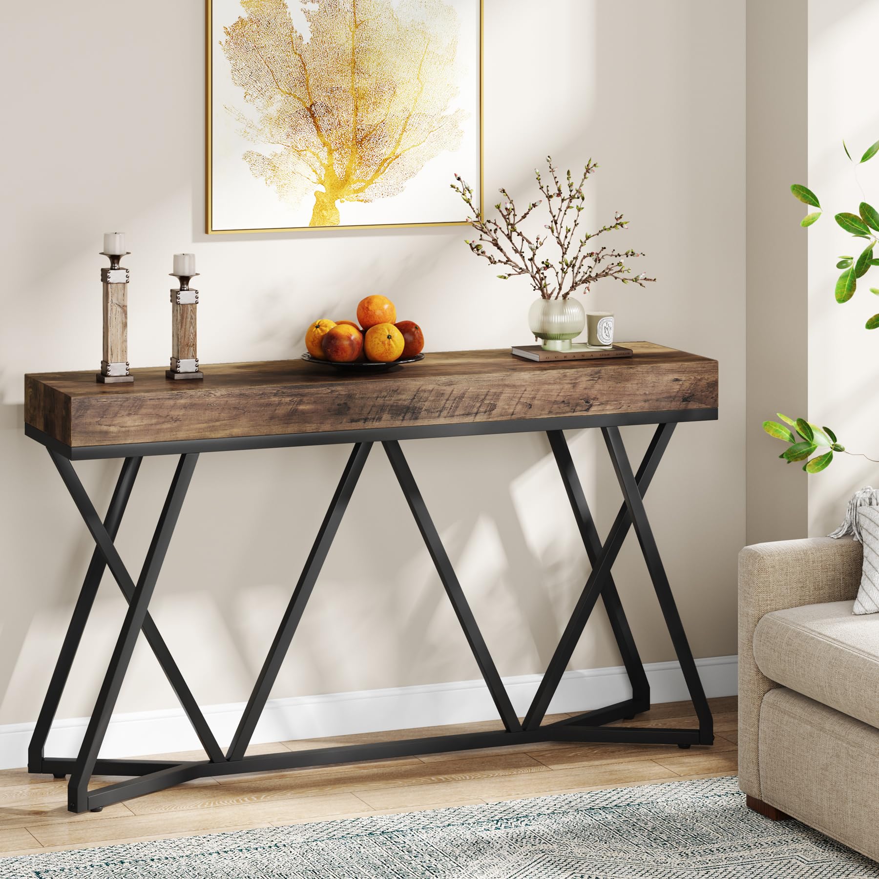 Tribesigns Mesa consola de 140 cm, sofá de granja, mesa de entrada con base metálica única, mesa de exhibición, mesa de vestíbulo, mesa de pasillo industrial para pasillo, salón (marrón)