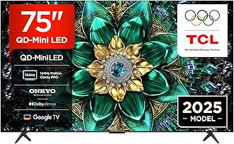 – TCL 75Q6C-UK QD-Mini LED TV, 4K HDR Premium 1000nits, Smart TV Powered by Google TV (Dolby Vision IQ & Atmos, Onkyo 2.1 Sound System, 144Hz Motion Clarity Pro, 2025 New Model)