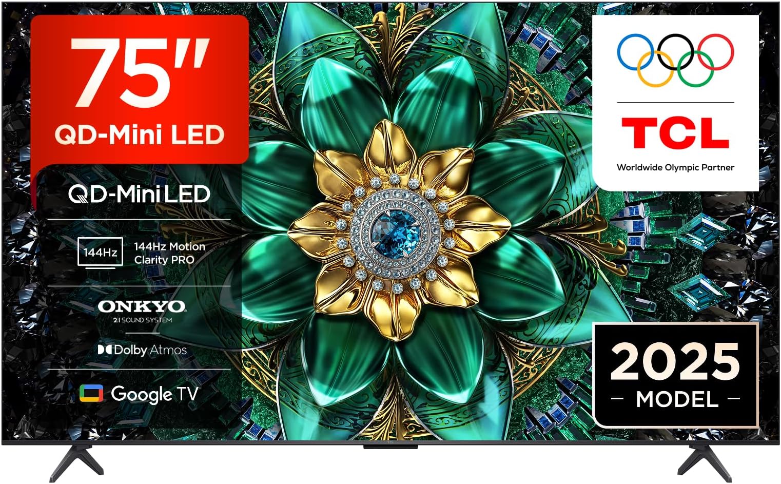 TCL 75Q6C-UK QD-Mini LED TV, 4K HDR Premium 1000nits, Smart TV Powered by Google TV (Dolby Vision IQ & Atmos, Onkyo 2.1 Sound System, 144Hz Motion Clarity Pro, 2025 Model)