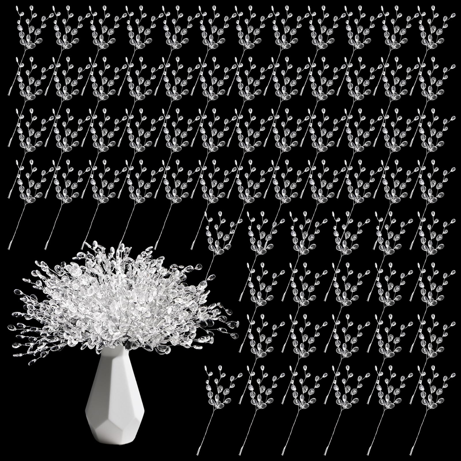 Noamus 70pcs Crystal Bud Branches, Artificial Bouquets with Acrylic Bead Drop, Clear Flower Beaded String Stems, Decorative Floral Twig Picks, Glitter Bridal Pick for Wedding Christmas Party Decor DIY