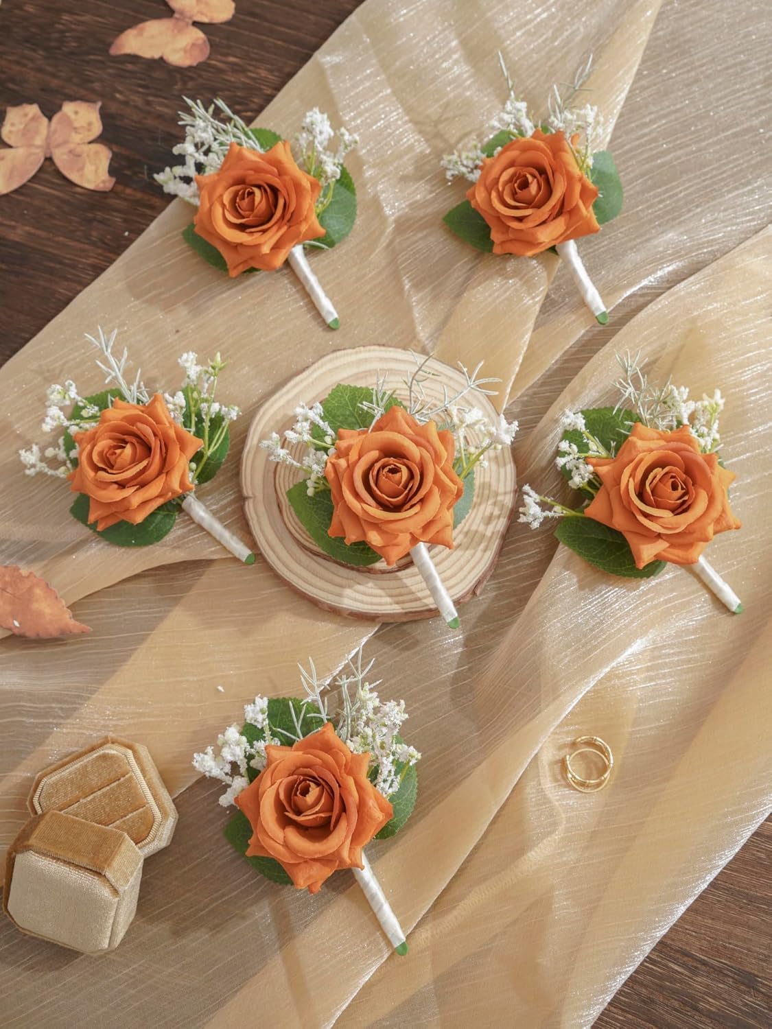 バーントオレンジローズブートニエール 男性用 ウェディング用 6個セット ウェディングフラワー ブートニア ピン付き 新郎やベストマ